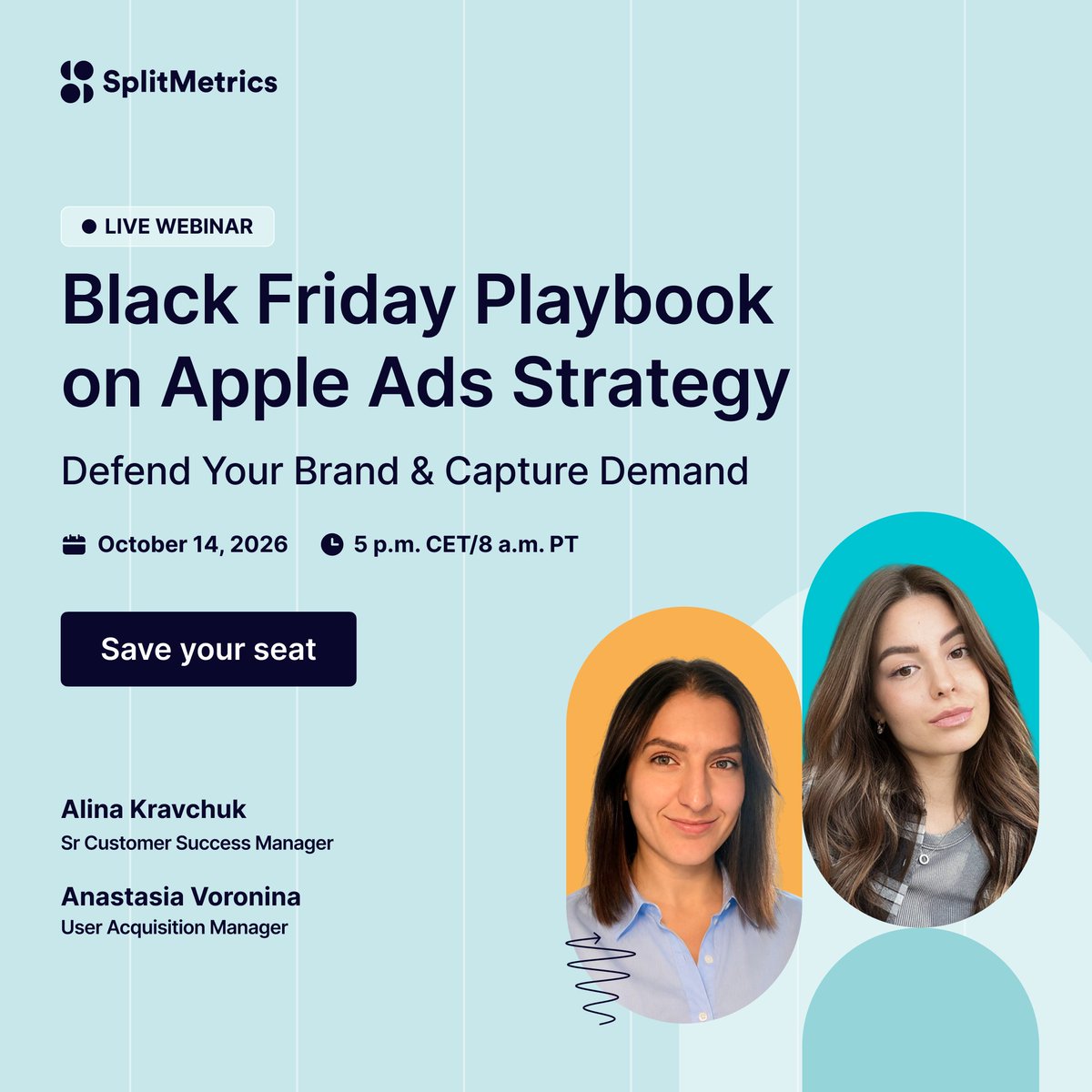 SplitMetrics's tweet photo. Black Friday Playbook on #AppleAds: Brand Defense &amp; Demand Capture
📅 October 14 · 5PM CET / 8AM PT

→ https://t.co/mrn9idteHS

🎁Register: Custom Product Pages Teardown
🎁Attend live: Personalized #BlackFriday Competitor Report (on demand)
🎁Post-webinar: 4 Brand Defense Guides https://t.co/3T1PinzDvb