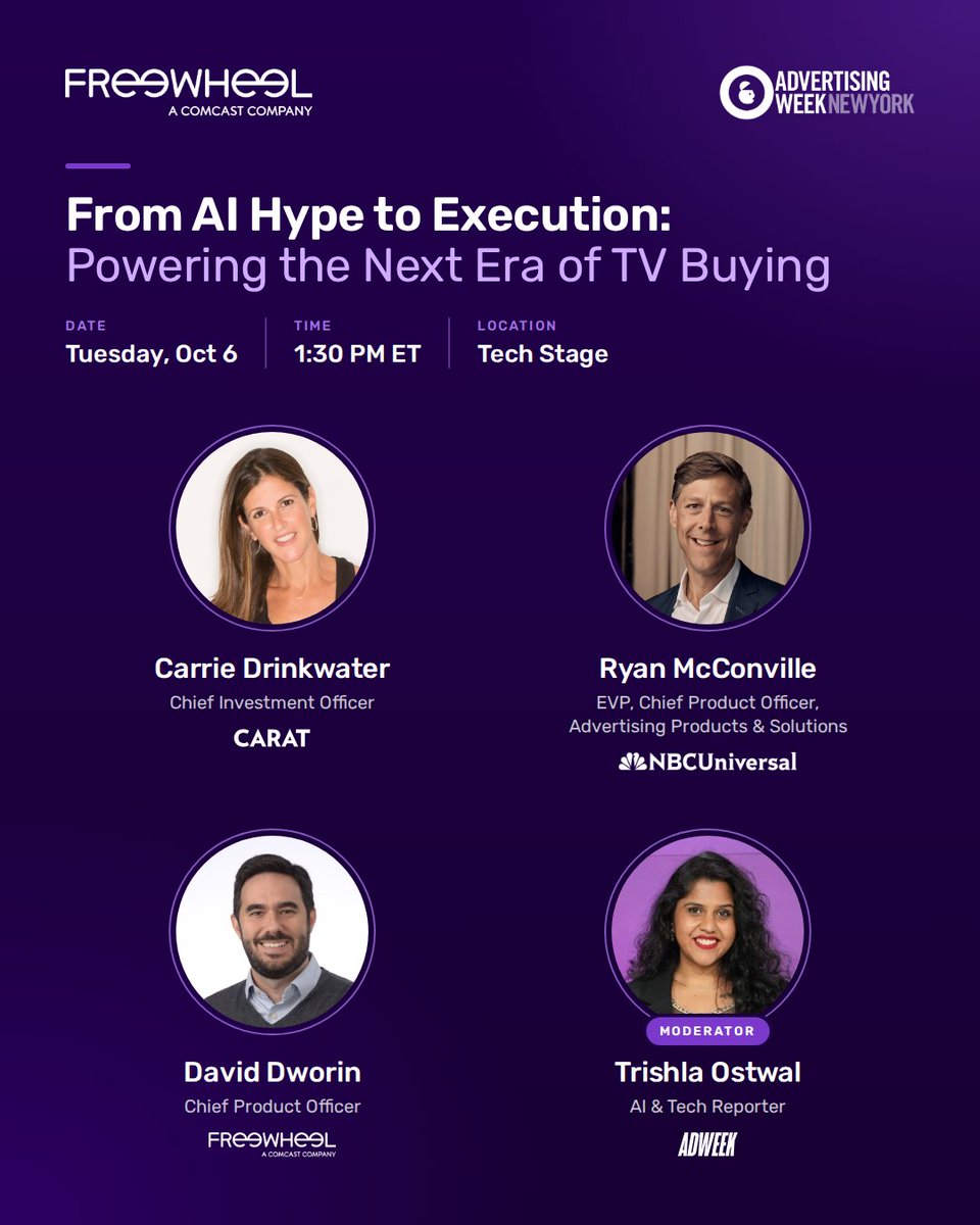 FreeWheel's tweet photo. How much of AI in TV buying is real, and how much is still promise? We get specific with @Carat_USA, @NBCUniversal, and @Adweek for @advertisingweek New York. 

Tue, Oct 6 | 1:30 PM ET | Tech Stage | https://t.co/EeVx4jNPdJ https://t.co/PFpbhX4tVy