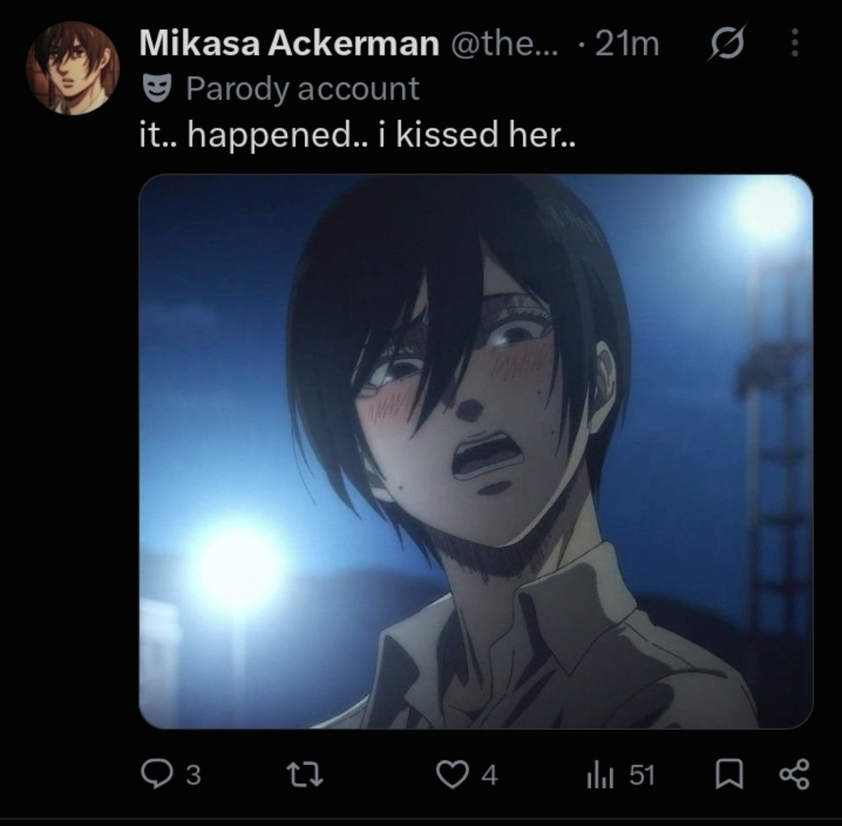 MarleyNews_'s tweet photo. 🚨 Mikasa Ackerman announces that she kissed someone.

Mikasa Ackerman has reportedly taken to social media to reveal that she recently kissed a girl.

The identity of the mysterious woman has not been revealed.

Who do you think Mikasa kissed? Drop your theories👀 https://t.co/CW3utfmyEE