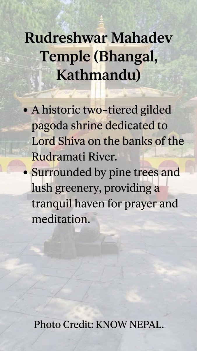 SangamNepal77's tweet photo. "रुद्रमती नदीको किनार र सल्लोको हरियाली बिच अवस्थित भङ्गालको सुन्दर रुद्रेश्वर महादेव मन्दिर!"
सुनौलो प्यागोडा छाना, नन्दीको भक्ति र शान्त वातावरण! भगवान् रुद्रेश्वर महादेवको दर्शन गरी मनमा शान्ति र सकारात्मक ऊर्जा प्राप्त गरौँ।
ॐ नमः शिवाय! 🙏❤️️
#KnowNepal https://t.co/aoqW1aaWdG