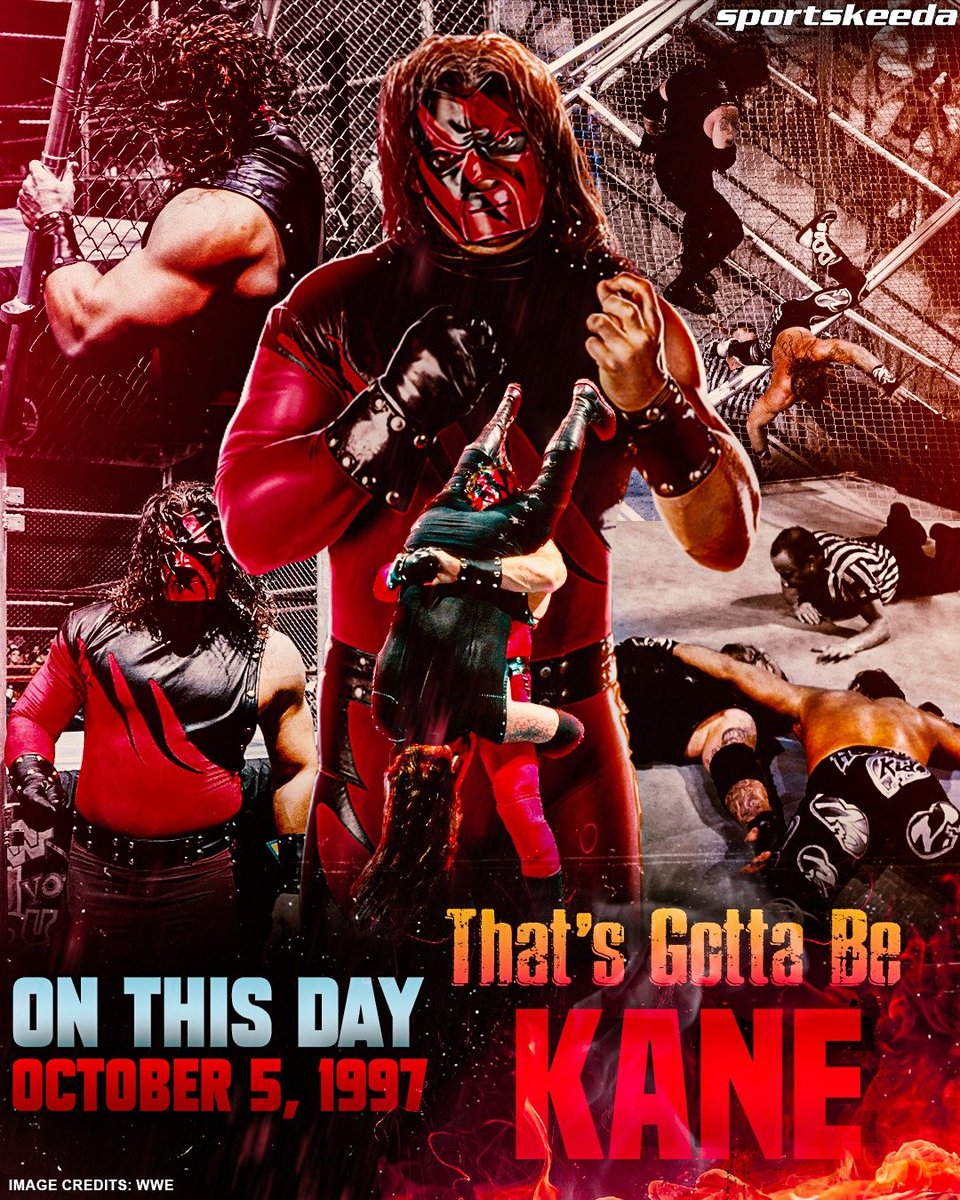 SKWrestling_'s tweet photo. On this day, The Big Red Machine was unleashed!
Kane made his iconic debut alongside Paul Bearer, tearing the cell door off during the first-ever Hell in a Cell match between The Undertaker and Shawn Michaels, and delivering a devastating Tombstone Piledriver that cost The Phenom the match! 🔥

@KaneWWE
