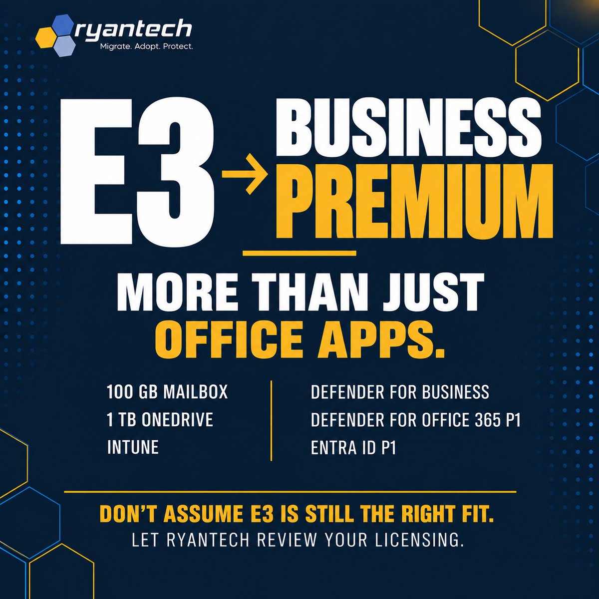 RyanTechInc's tweet photo. Still paying for E1 or E3? It may be time for a licensing review. 👀

For many organizations, Microsoft 365 Business Basic or Business Premium can provide the features users actually need at a lower cost. https://t.co/q5cR3Uox3T
