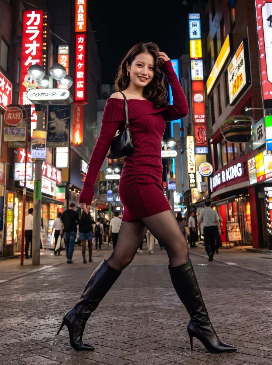 LookloomAI's tweet photo. 今回は B をルックにしました。
SHIBUYA AFTER DARK — 完成。
ボルドーのミニドレス、シアータイツ、ロングブーツ。
夜の渋谷なら、このくらい大胆でいい。
次はどんなスタイルを見たい？ ↓
AI fashion concept by Lookloom https://t.co/x2wG8dOh8N