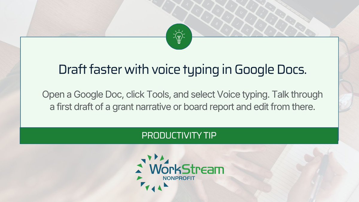 workstreamnonpr's tweet photo. Google Docs has a voice typing feature built into the Tools menu, and almost no one uses it. Talking through a first draft of a grant narrative or board report is much faster than typing. 

Open a Google Doc, click Tools, and select Voice typing to start. https://t.co/QuTvLaoz0x