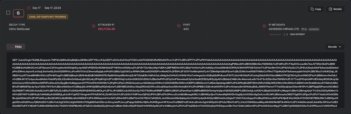 SimoKohonen's tweet photo. IPs that hit our NetScaler sensors on September 17th with the deflate payloads against SAML surface (probe/1 UA): 

194[.]77.94.40  2,804 → 63,488B 'G'
103[.]171.122.41  1,759 → 62,464B 'G'
157[.]85.104.79  2,862 → 62,534B   'G'
102[.]18.119.22  1,756 → 62,464B 'G'
46[.]247.43.50  117 → 98,304B 'P'
103[.]112.0.110  78 → 272 B  valid-XML canary