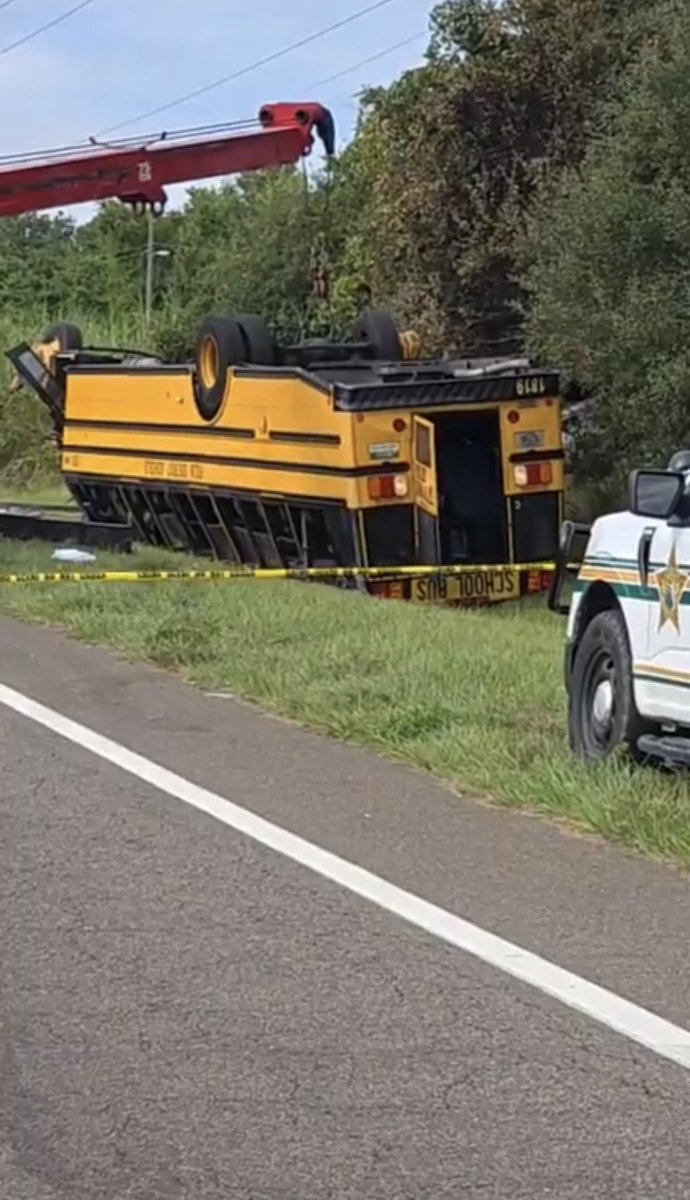 ImMeme0's tweet photo. BREAKING: Two people have died, including a 10th-grade high school girl and an adult, following a devastating multi-vehicle crash involving a Polk County Public Schools bus on Monday morning.

The bus reportedly collided with another vehicle and flipped over. 

Between 5 and 7 other individuals were "trauma alerted" and transported to hospitals, with multiple medical helicopters responding to the scene.