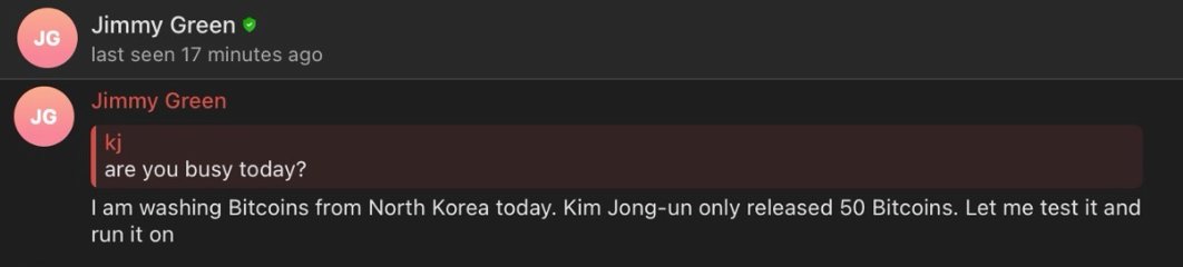 stacy_muur's tweet photo. "Are you busy today?"

"I am washing Bitcoins from North Korea today"

Incredible. https://t.co/mfVMP9kR4f