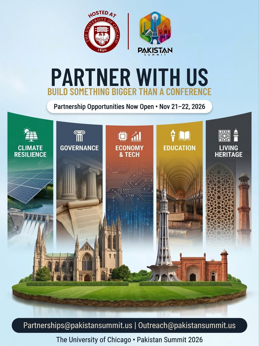 PakSummitUS's tweet photo. Build Something Bigger Than a Conference

This November, the Pakistan Summit 2026 convenes at the University of  Chicago to bridge dialogue, policy, and innovation across five critical pillars:
- Climate Resilience — Scalable solutions for a sustainable future
#PakistanSummit2026 https://t.co/LjbWYTRVAI