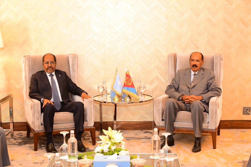 hawelti's tweet photo. President Isaias Afwerki met, in the mid-morning hours today in Alamien, with H.E. Hassan Sheikh Mohamud, the President of the Federal Republic of Somalia, for extensive talks on bilateral and other matters of vital importance to both countries.  

The two Heads of State underlined the imperative of consolidating a conducive political climate that rejects external agendas of interreference so as to safeguard and guarantee the territorial integrity, stability, and peace of Somalia and the unity of its people.  

President Isaias further remarked that Federal governance architectures in Somalia and other countries in our region have often failed to meet the peoples' hopes and aspirations for unity and cohesion.  Political frameworks that polarize socio-economic, religious and ethnic differences to foment perennial crises and that encourage foreign interventions ought to be supplanted by citizenship-based governance architectures.  

President Hassan Sheikh Mohamud, for his part, conveyed his gratitude to President Isaias Afwerki and the Eritrean people for their firm stance and support to the Government and people of Somalia.