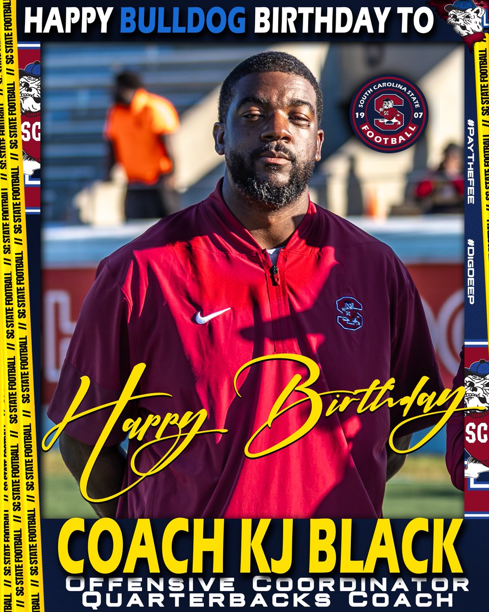 SCState_Fb's tweet photo. #GoDogs

🐶 BULLDOG NATION… TURN IT UP FOR COACH KJ BLACK! 🎂🔥 @CoachBlack_QB 

Today we’re celebrating our Offensive Coordinator / Quarterbacks Coach! 😤🏈

ANOTHER YEAR.
MORE PURPOSE.
SAME MISSION… RAISE THE BAR! 📈

Coach Black, wishing you another year of blessings, success, and BIG moments with the Bulldog family! Enjoy YOUR day! 🔴🔵

DOGS, SHOW HIM SOME LOVE—DROP A 🐶 AND HELP US WISH COACH BLACK A HAPPY BIRTHDAY! 🎉👇🏾

@SCStateAthletic @MEACSports @coachberry77 
#PayTheFEE
#DigDEEP
#STATEofMind
#RaiseTheBAR
🔴🔵🐶🏈