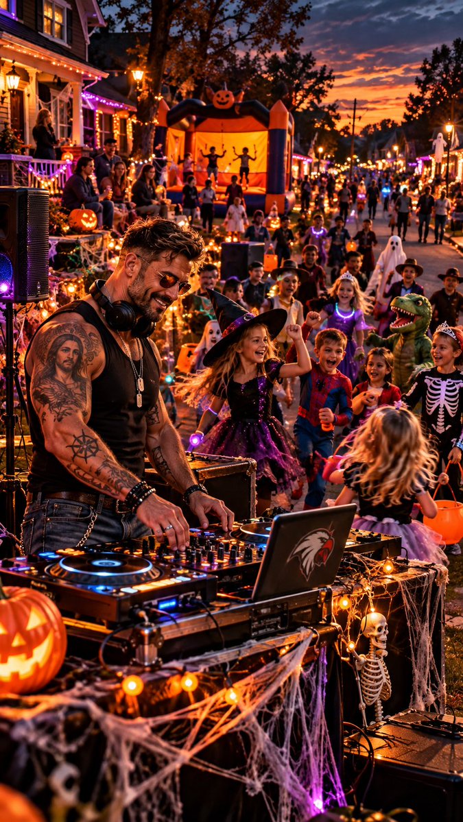 BrazenMazz2's tweet photo. MONDAY AI ART CHALLENGE
#PatriotsUnchained

Paint One Of Your Favorite Memories

Mine? DJing Halloween for a bunch of sugar-fueled kids while the whole neighborhood came alive. 🎃🎶

Bounce house, costumes, candy, chaos—and me providing the soundtrack. 😎

5 Points https://t.co/cf32REZA9x