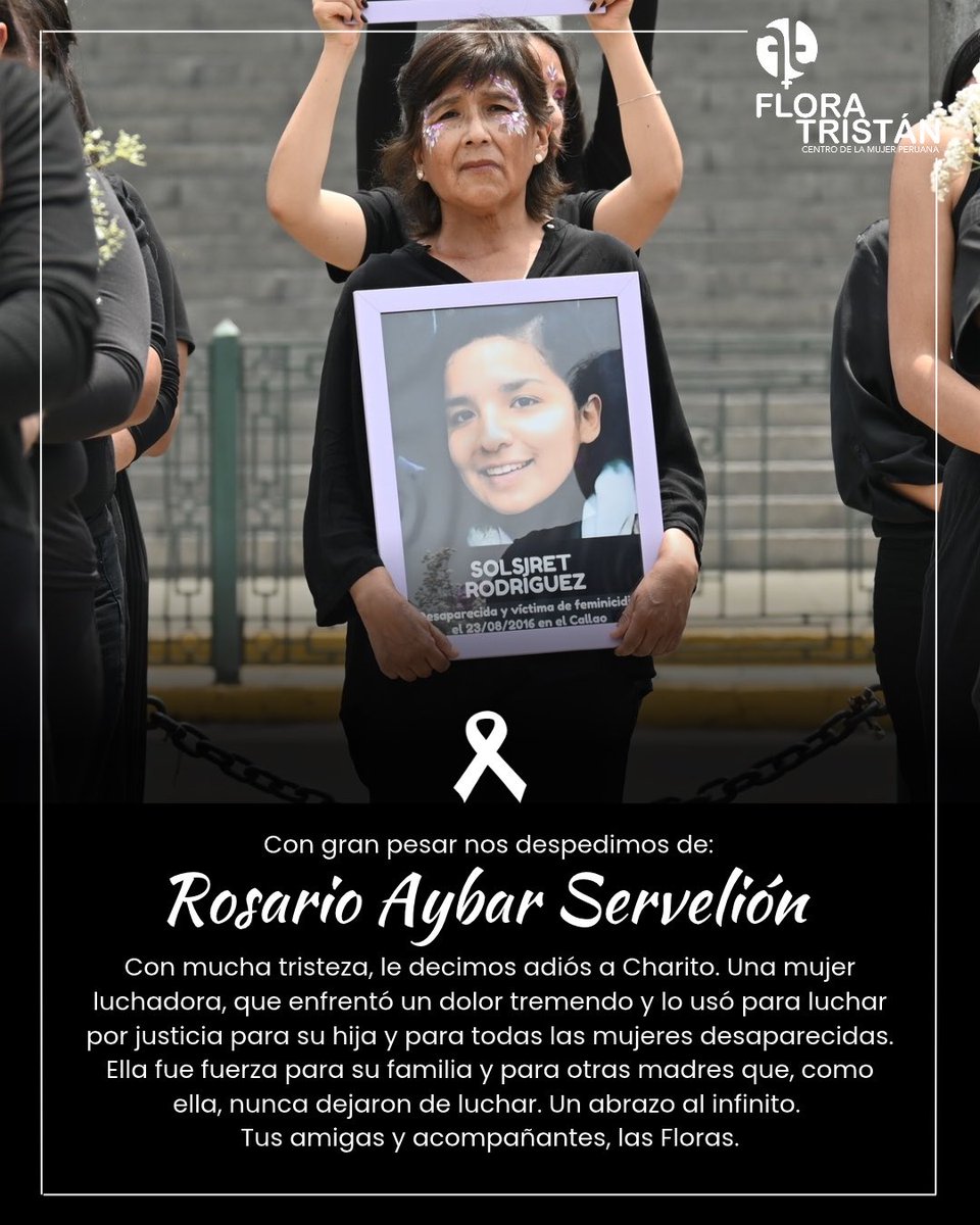 CMPFloraTristan's tweet photo. Con mucha tristeza, le decimos adiós a Charito. Una mujer luchadora, que enfrentó un dolor tremendo y lo usó para luchar por justicia para su hija y para todas las mujeres desaparecidas. Ella fue fuerza para su familia y para otras madres que, como ella, nunca dejaron de luchar. https://t.co/i9FZiXfnrK
