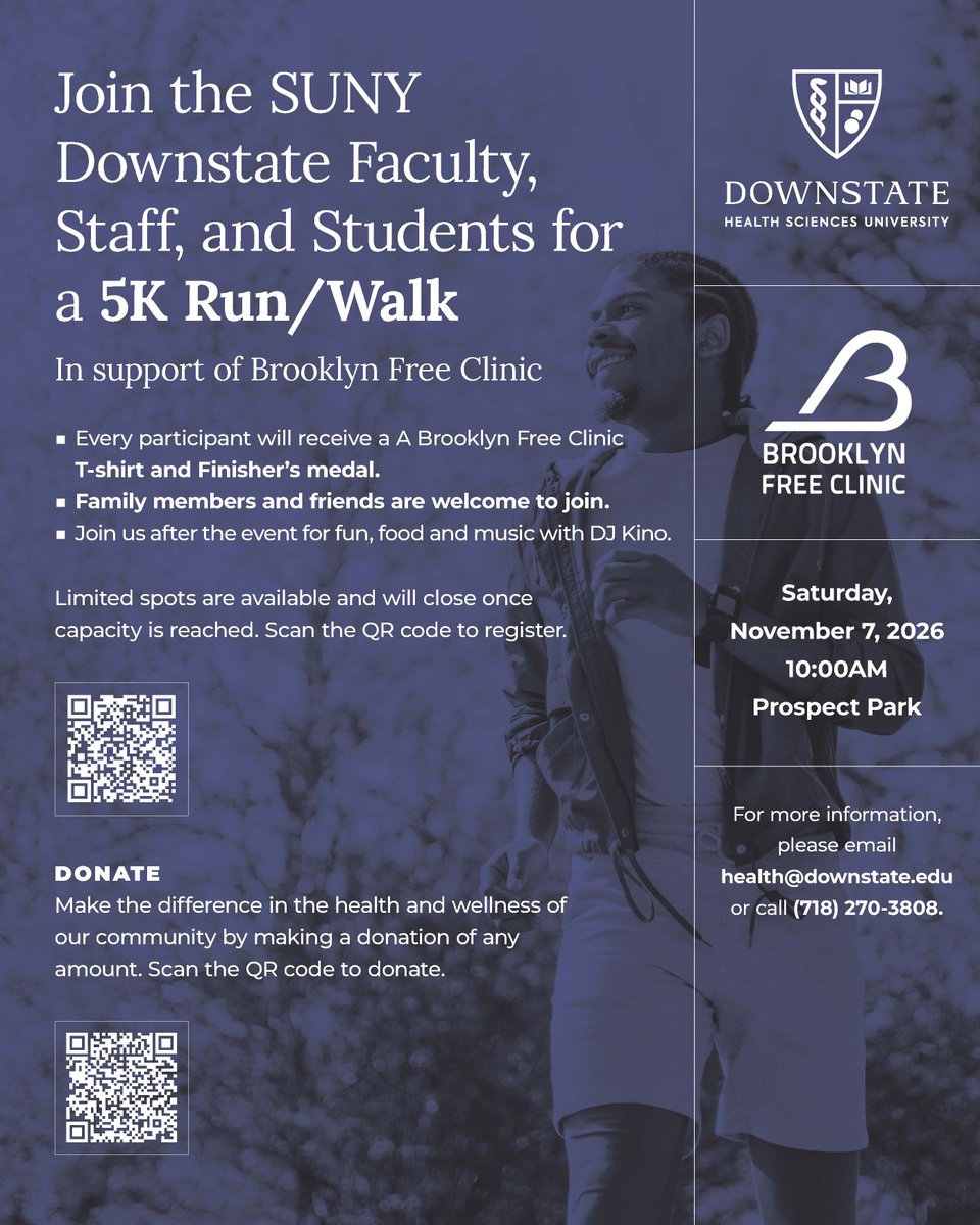 sunydownstate's tweet photo. Join Us for a 5K Run/Walk on 11/7/2026 at 10 AM in Prospect Park.

Click or scan QR code in flyer to register: https://t.co/MF5CY5dpOk 

Click or scan QR code in flyer  to donate: https://t.co/yGcAcQPNwq https://t.co/UbuzPZsY7D