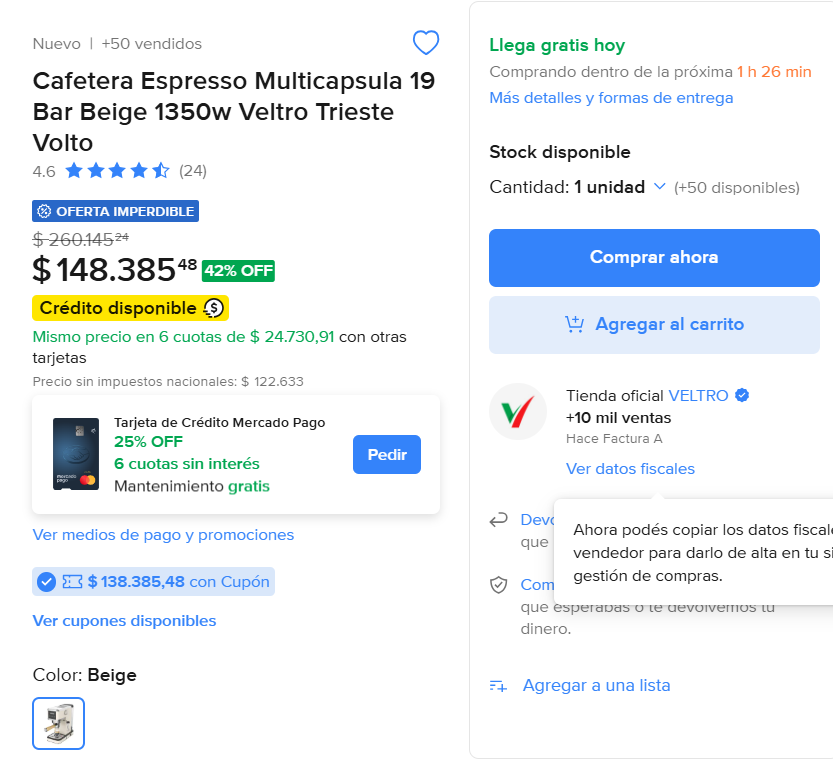 AhorrandoAndoAr's tweet photo. CAFETERA MULTICAPSULA 👏

Cafetera Espresso Multicapsula 19 Bar Beige 1350w Veltro a $138.385

TIENE ESPUMADOR DE LECHE!!!

SE PUEDE USAR CON:
Café molido
Cápsulas tipo Dolce Gusto
Cápsulas tipo Nespresso

Queda a ese precio con el cupón: DIEZNADA

En 6 cuotas sin interés

https://t.co/O3vcWXS2uW