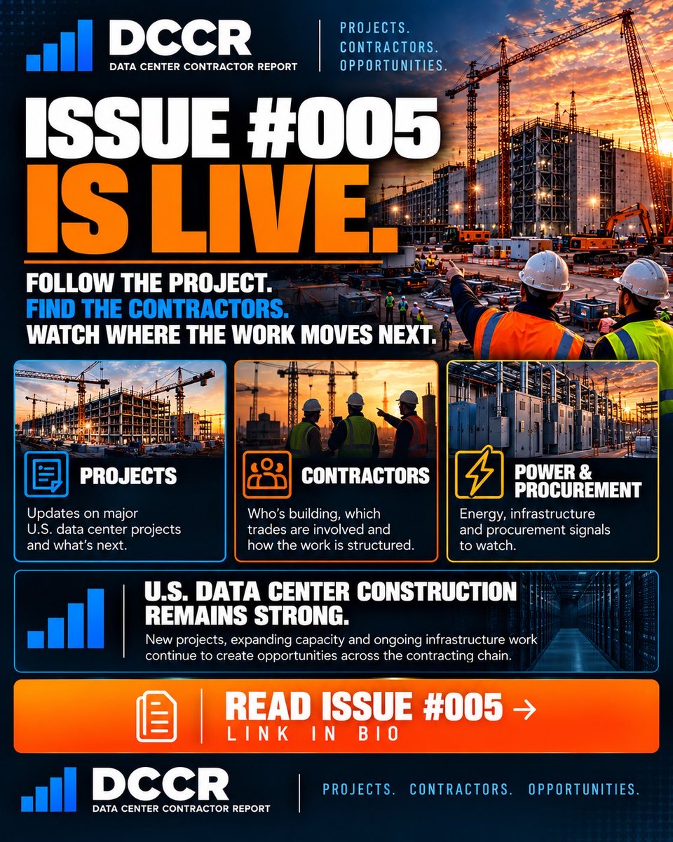 DCCReport's tweet photo. Issue #005 of Data Center Contractor Report is live.

I’m tracking the projects, contractors, power infrastructure and procurement signals behind the U.S. data center construction boom.

The headline tells us what’s being built. I’m trying to find where the work moves next. https://t.co/WwhVTWMoGm