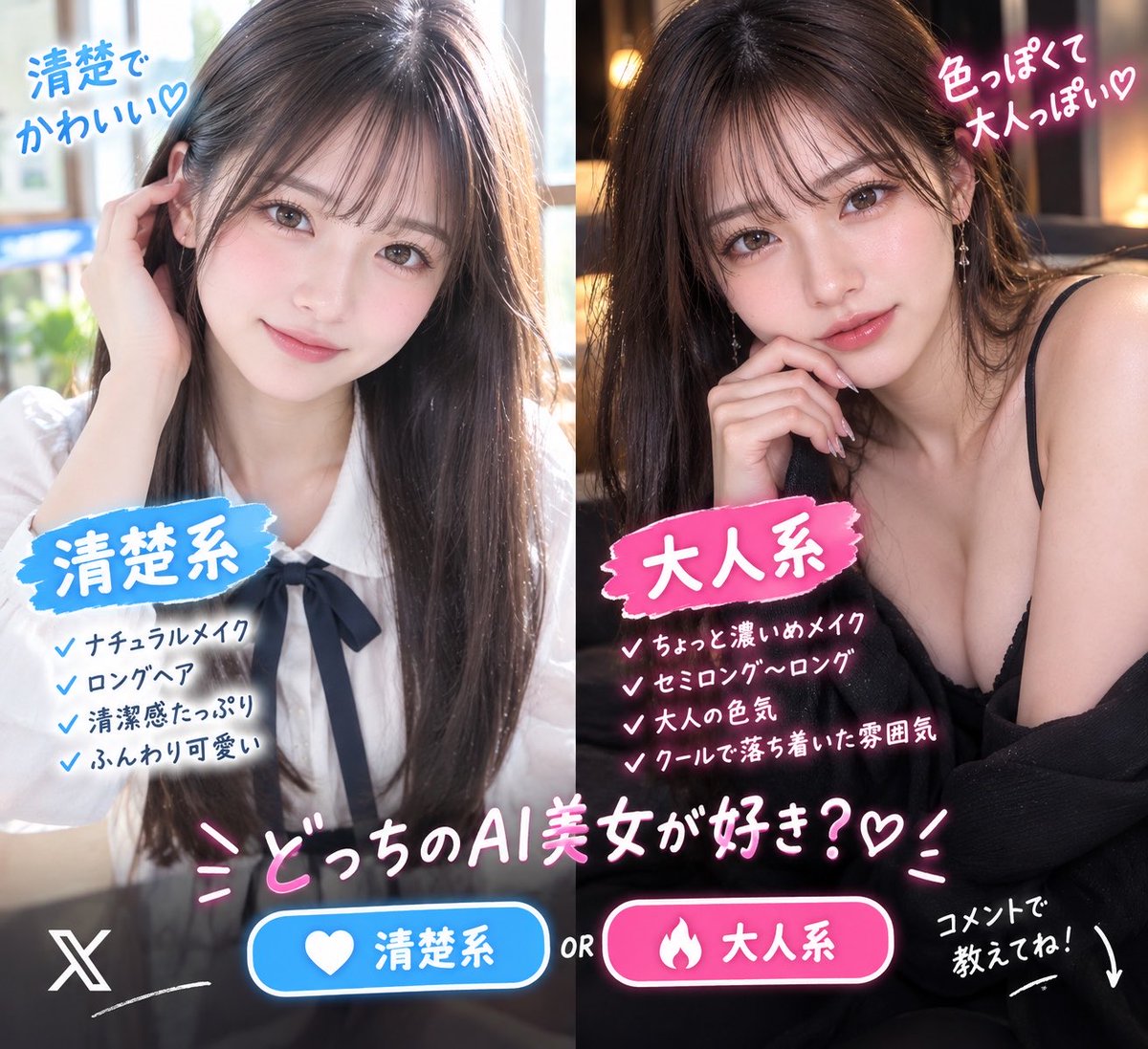 stepn159911331's tweet photo. どっちのAI美女が好き？👀

❤️ A：清楚系
🔥 B：大人っぽい系

どっち派？ https://t.co/0wScmmj3qw