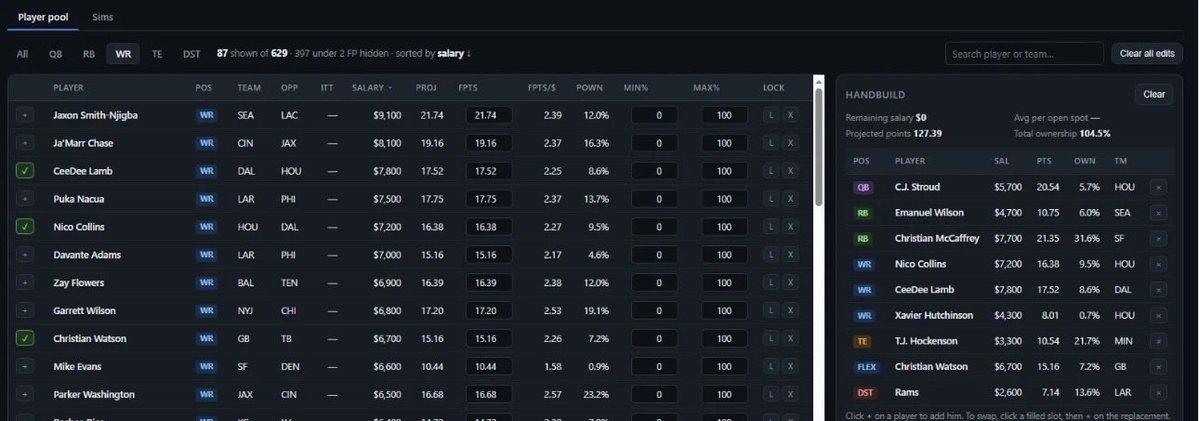 PredFantasy's tweet photo. Another update to our Optimizer. Introducing the Single Lineup builder. 

Easily save and compare Lineups side by side to see the difference in projections as you make changes. https://t.co/bTzRd28DDA