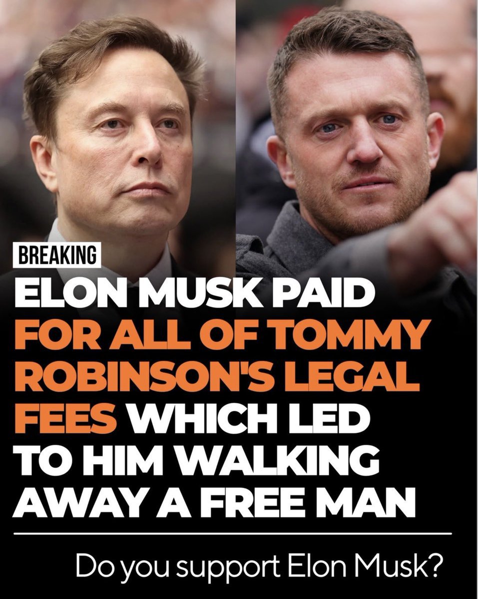 MelGibsonxvyv's tweet photo. Elon paid the legal bills and Tommy Robinson walked out a free man. That is a billionaire stepping into a case the press wanted buried. Do you support him doing it? https://t.co/LKYfw29O2J