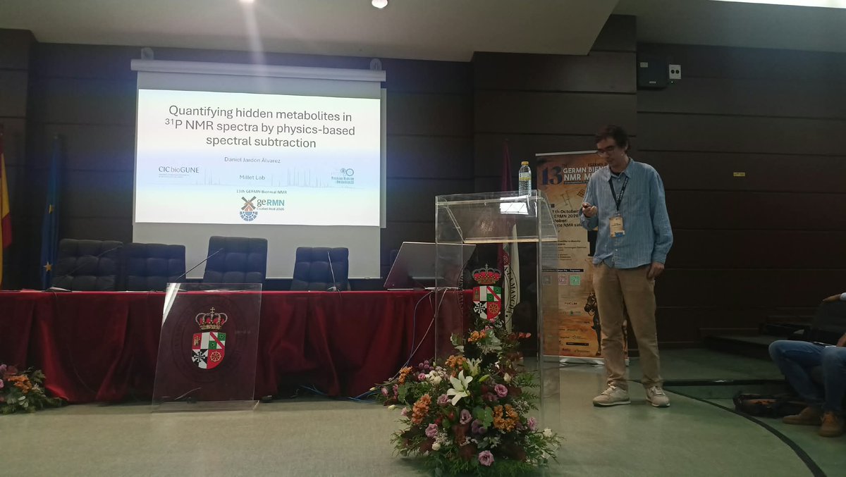 germn2026's tweet photo. 🎤 Oral Communications continue at #GERMN2026!
Now it’s time for Daniel Jardón Álvarez, presenting:
🧲 “Quantifying Hidden Metabolites in ³¹P NMR Spectra by Physics-Based Spectral Subtraction”
#GERMN2026 #NMR #31PNMR #Metabolomics #NMRspectroscopy https://t.co/pOdE62ev2A