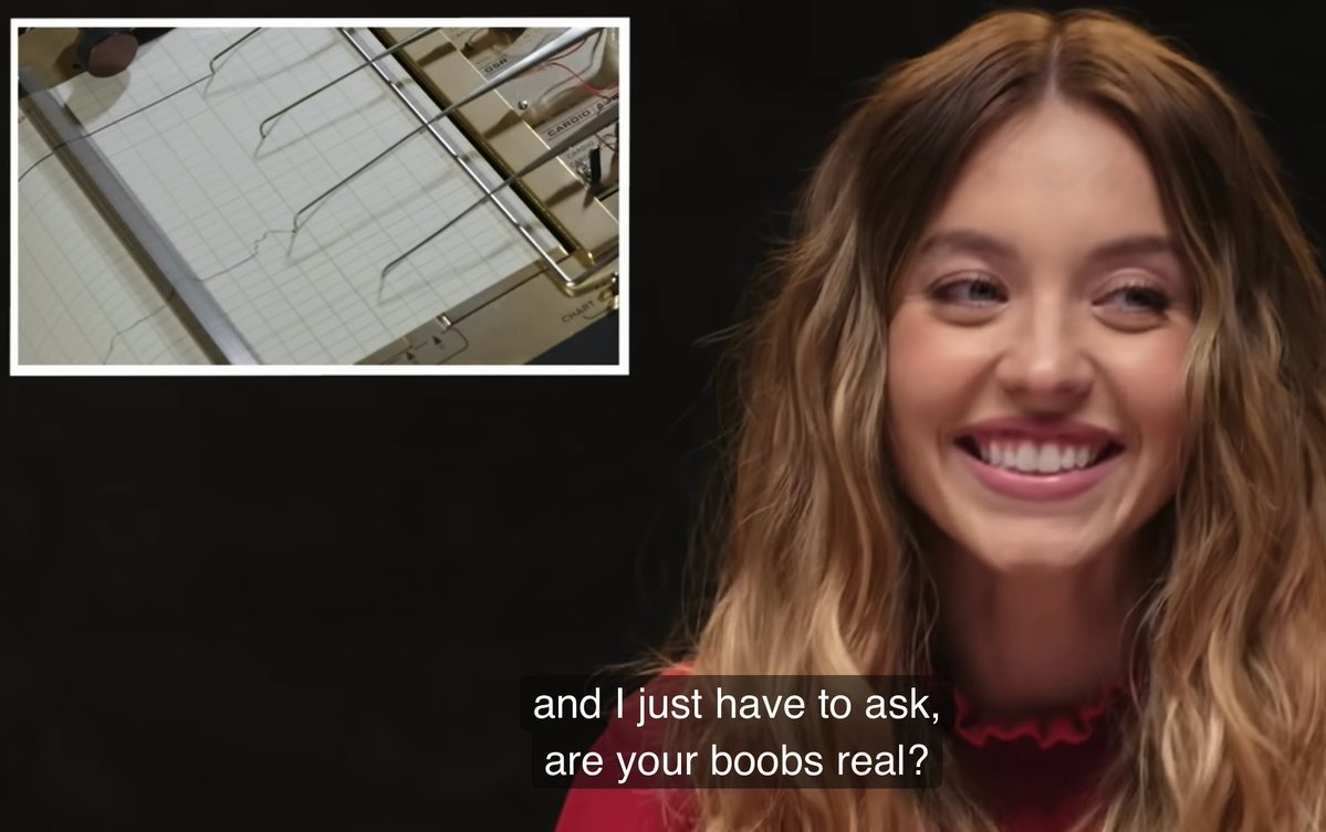 A woman with long wavy blonde hair smiles during what appears to be an interview, with an inset image in the corner showing a polygraph machine; the subtitle reads 'and I just have to ask, are your boobs real?'