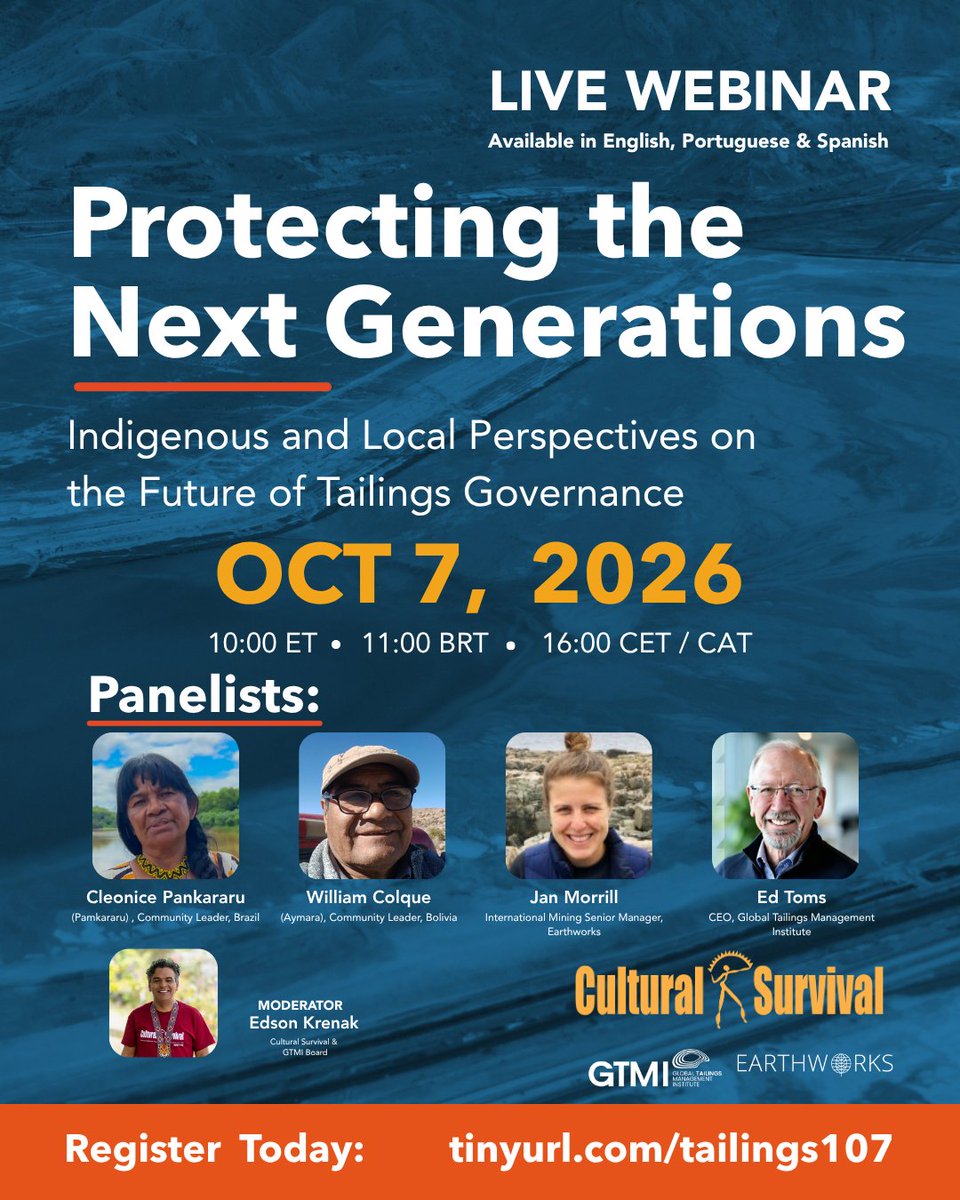 CSORG's tweet photo. Join GTMI, Earthworks, and Cultural Survival for a webinar exploring tailings management beyond technical safety — focusing on Indigenous rights, water and food security, livelihoods, cultural heritage, biodiversity, and long-term community resilience.
https://t.co/HT9aAgWVsk https://t.co/By3WGuSZYS