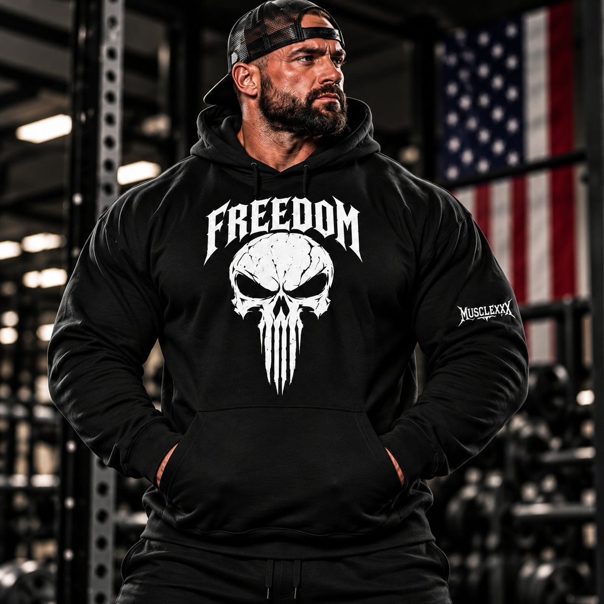 MUSCLEXXXUSA's tweet photo. Cold mornings, heavy sets—stay warm and look effortlessly sharp in the Men's Patriotic Freedom Skull Hoodie. Holds shape, stays soft, ready for every rep. $55 #ad #GymWear #FitnessGear Tap the link in bio. https://t.co/2Rv0WeE7gb