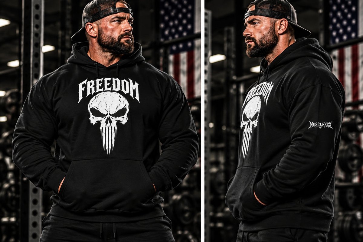 MUSCLEXXXUSA's tweet photo. Cold mornings, heavy sets—stay warm and look effortlessly sharp in the Men's Patriotic Freedom Skull Hoodie. Holds shape, stays soft, ready for every rep. $55 #ad #GymWear #FitnessGear Tap the link in bio. https://t.co/2Rv0WeE7gb