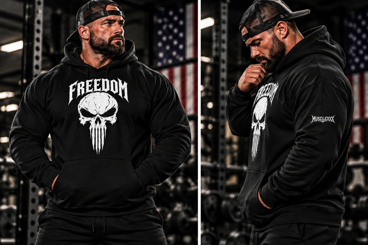 MUSCLEXXXUSA's tweet photo. Cold mornings, heavy sets—stay warm and look effortlessly sharp in the Men's Patriotic Freedom Skull Hoodie. Holds shape, stays soft, ready for every rep. $55 #ad #GymWear #FitnessGear Tap the link in bio. https://t.co/2Rv0WeE7gb