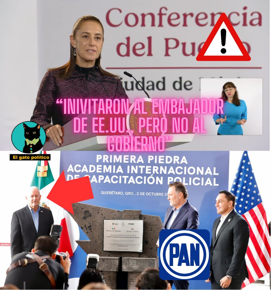 elgatopolitico_'s tweet photo. 🔴​🔴¡Salió el peine!
La presidenta revela que el traidor gobernador de Querétaro, Mauricio Kuri, invitó al embajador de EE.UU., Ronald Johnson,  a poner la primera piedra de una "Academia Internacional de Capacitación de Policía", pero que no invito a nadie del Gobierno Federal.
Todos eran gringos y panistas:

"No invitaron a la Defensa, no invitaron al Gabinete de Seguridad Federal, no invitaron a la Secretaría de Relaciones Exteriores, pero sí al embajador de EE.UU.", reveló.
#MañaneraDelPueblo 📛📛