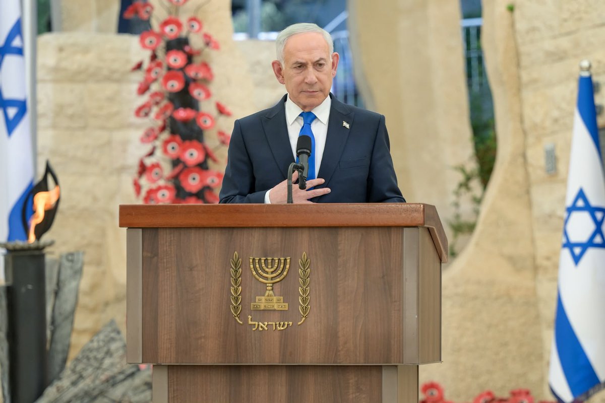 IsraeliPM's tweet photo. Prime Minister Benjamin Netanyahu, today at the State Memorial Ceremony for those who fell in the October 7 massacre, and for the heroism:

"Your grief is the nation’s grief. I know what a void has been torn within you. Everything reminds us of our loved ones: The empty chair at the table. A favorite food. A touching song. We will cherish the memory of each and every one of the fallen.

In their name and for their sake, we will continue to strike our enemies, unceasingly strengthen our state, and build our homeland from generation to generation. We will embrace those injured in body and soul – we will embrace them with a prayer rising from the depths of our hearts that they may find solace and healing."

Full remarks >>
https://t.co/LhrQIFRWFD