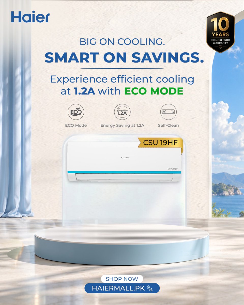 HaierPakistan's tweet photo. Haier CSU 19HF combines 1.2A energy-efficient cooling, ECO Mode and Self-Clean for smarter everyday comfort.
Backed by a 10-year compressor warranty for added peace of mind.
#Haier #MoreCreationMorePossibilities #AirConditioner #CSU19HF #EcoMode #EnergySaving #SelfClean https://t.co/gcSjQoRxlu