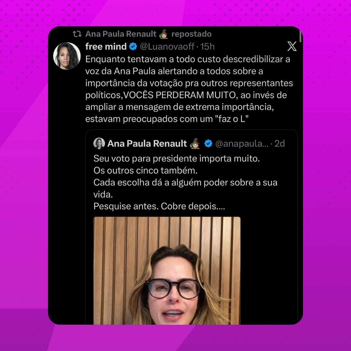 poptime's tweet photo. Ana Paula Renault compartilhou uma série de tweets em seu X, após derrota de Lula no primeiro turno das eleições. https://t.co/xzpNkor0ZI
