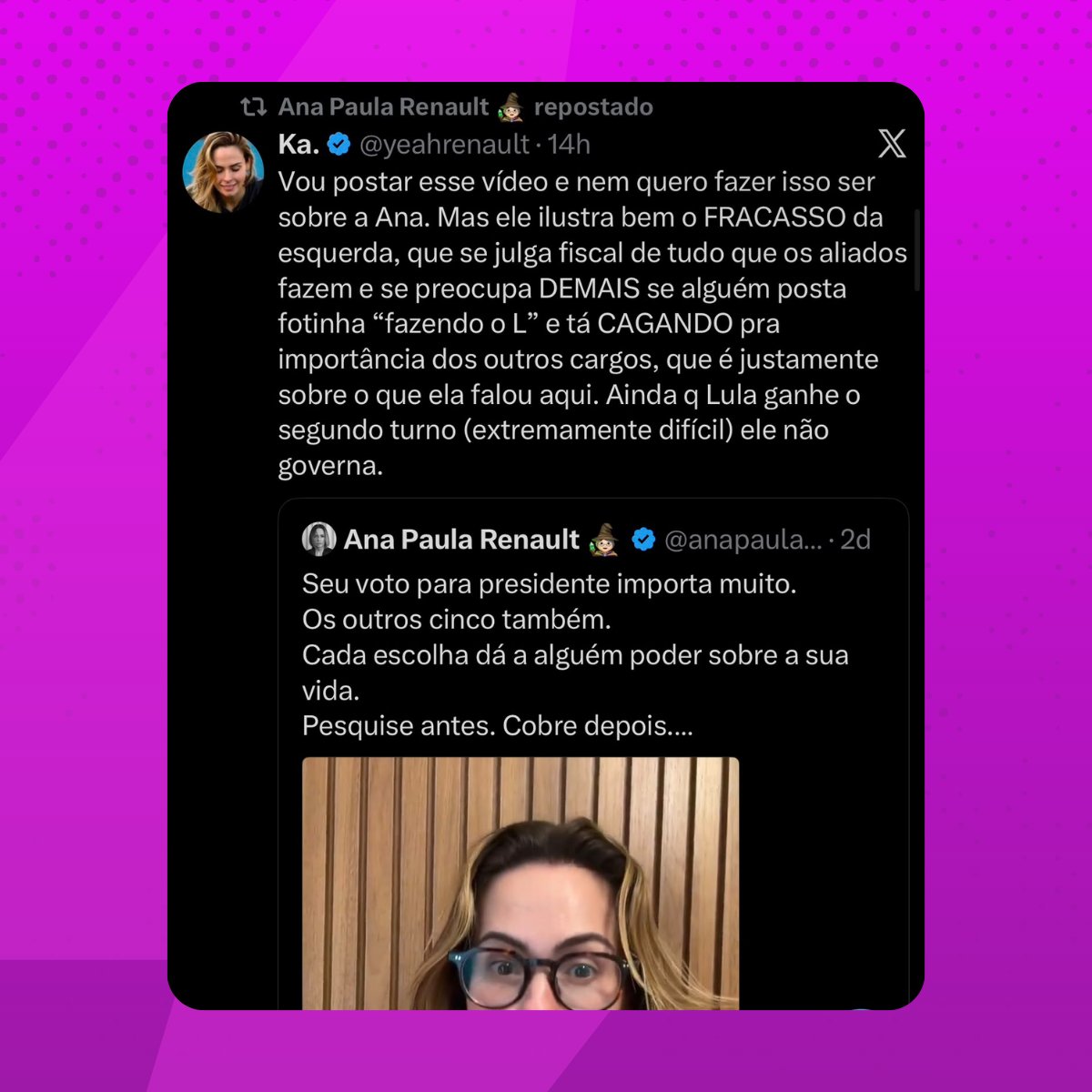 poptime's tweet photo. Ana Paula Renault compartilhou uma série de tweets em seu X, após derrota de Lula no primeiro turno das eleições. https://t.co/xzpNkor0ZI