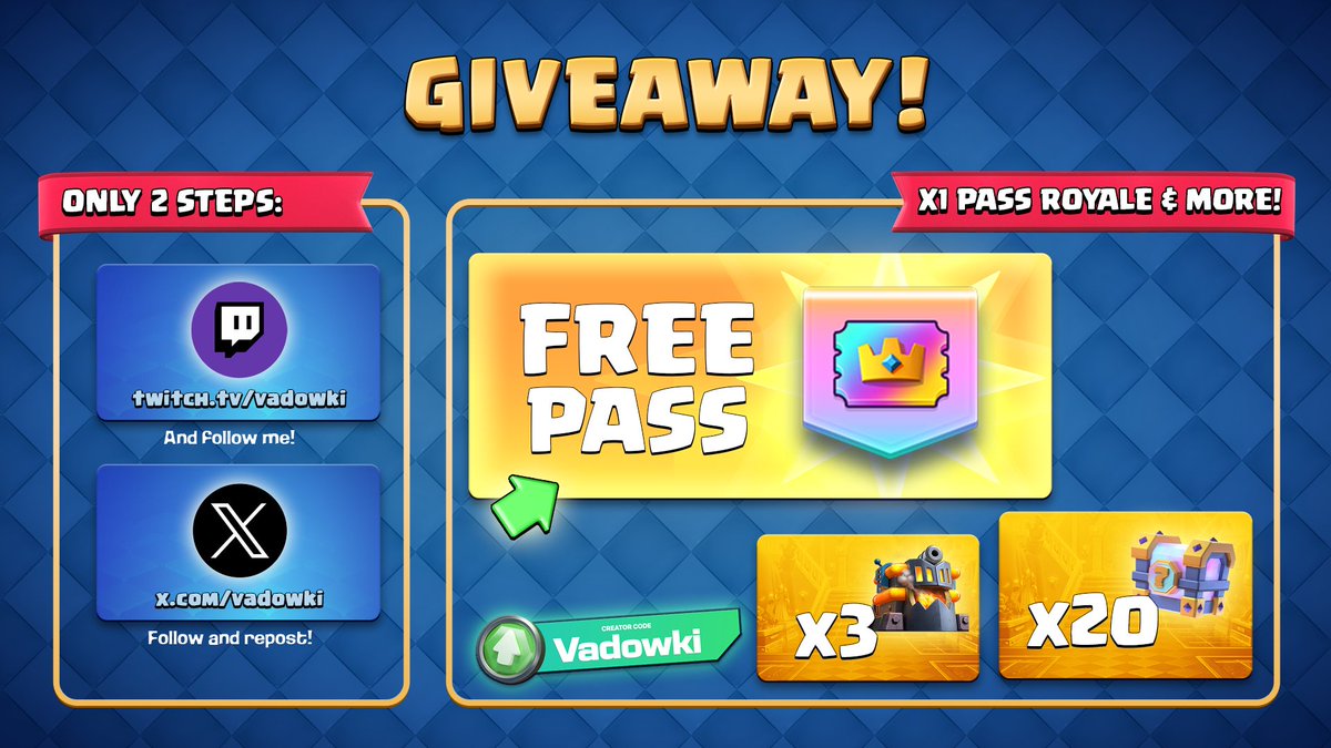 vadowki's tweet photo. 🥳 GIVEAWAY TIME 🥳

✅ x1 Pass Royale, x3 Inferno Tower Skin &amp; x20 Lucky Chest

To participate:
👉 Follow @vadowki + Repost
👉 Follow https://t.co/AHQePvuUUN (drop a screenshot in the comments + your username!)

Ends in 3 days. 8 winners. Good luck! https://t.co/ZNhYsdhdKM