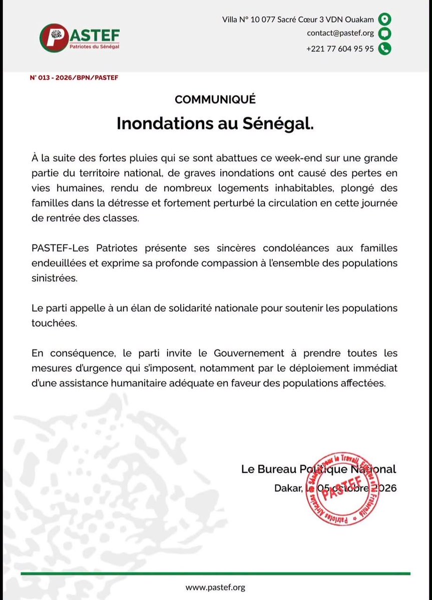 LayeSeckSeckFCB's tweet photo. ‼️ PASTEF-Les Patriotes appelle à un élan de solidarité nationale pour soutenir les populations touchées.

🇸🇳❤️🙏🏿 https://t.co/g2d1SYn50E