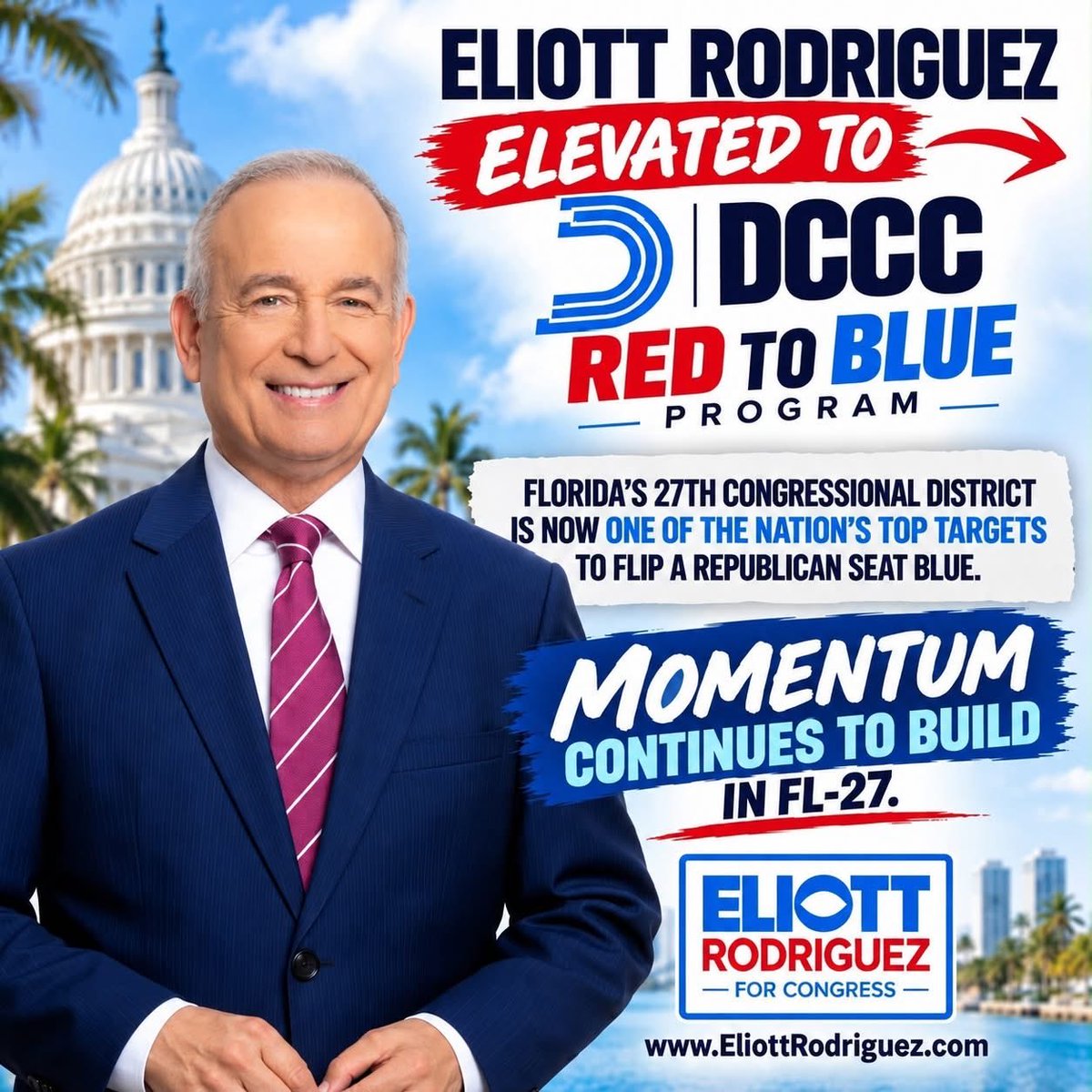 ERodforCongress's tweet photo. Momentum is building! Our campaign has been named to the @dccc's Red to Blue program, making FL-27 a national priority.

Together, we can flip this seat, lower costs, and give our community the representation it deserves. Let’s win this November! 🇺🇸 https://t.co/k6jetV7ZYQ