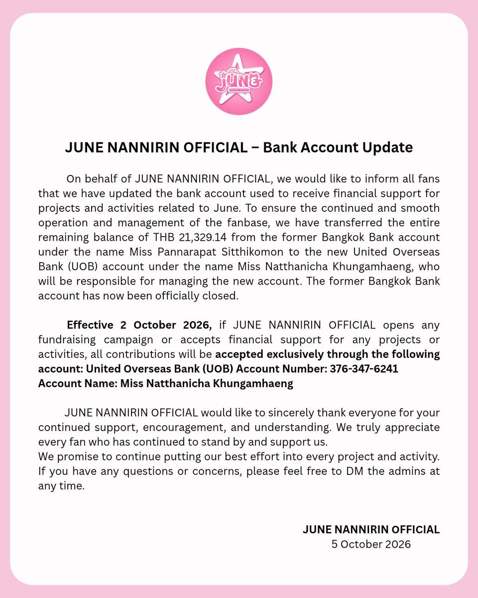 Junenannirin_TH's tweet photo. ประกาศสำคัญจาก JUNE NANNIRIN OFFICIAL 

#Junenannirin_TH_Official

ทุกคนสามารถสแกน QR code ตรวจสอบเอกสารยืนยันการเปลี่ยนแปลงบัญชีรับเงินได้เลยนะคะ

ทาง JUNE NANNIRIN OFFICIAL ต้องขอขอบคุณทุกกำลังใจ ความเข้าใจ และขอบคุณแฟนคลับทุก ๆ คนที่ให้การสนับสนุนพวกเรามาโดยตลอดค่ะ พวกเราสัญญาว่าจะทำงานอย่างเต็มที่ต่อไป 🙇🏻‍♀️🤍

🔴 โดยยอดเงินคงเหลือทั้งหมดจะถูกเก็บไว้เป็นเงินสำรองบ้านต่อไป เพื่อใช้ซัพพอร์ตโปรกเจกต์ต่าง ๆ ของพี่จูนที่จะเกิดขึ้นในอนาคตค่ะ 

#Junenannirin #จูนณัณณิริณ