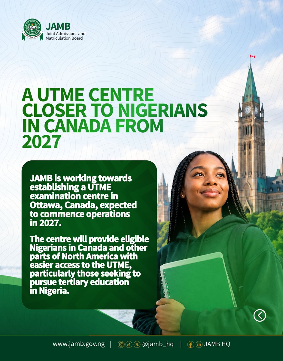 jamb_hq's tweet photo. For Nigerians in Canada, the UTME is coming closer to home. 🇳🇬🇨🇦

JAMB is working towards establishing a UTME centre in Ottawa, Canada, expected to commence operations in 2027.

The proposed centre will make it easier for eligible Nigerians in Canada and across North America to sit for the UTME without travelling to Nigeria solely for the examination.

It also represents a bigger opportunity to strengthen the connection between Nigerians in the diaspora and Nigerian tertiary education.

More access. Fewer barriers. Closer to home.

#JAMB #UTME2027 #NigeriaInCanada #JAMBUpdates #TheTrustWeHold #ThePeopleWeServe
