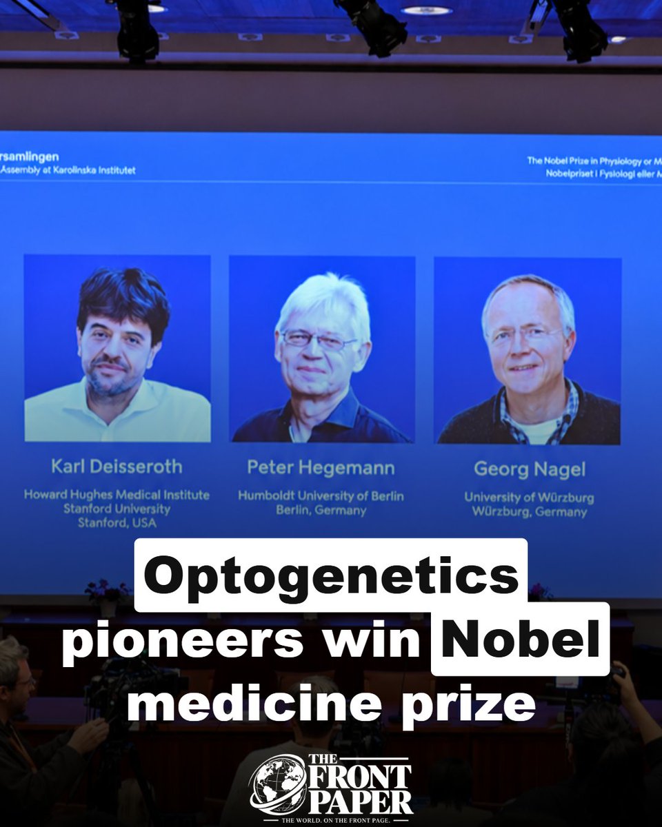 thefrontpaper's tweet photo. Optogenetics pioneers win Nobel medicine prize - Karl Deisseroth, Peter Hegemann &amp; Georg Nagel honoured for light-gated ion channels that switch brain cells on and off. 12M kronor (~$1.2M) prize. #WorldNews #NobelPrize #Science https://t.co/XCzCeUVeHX