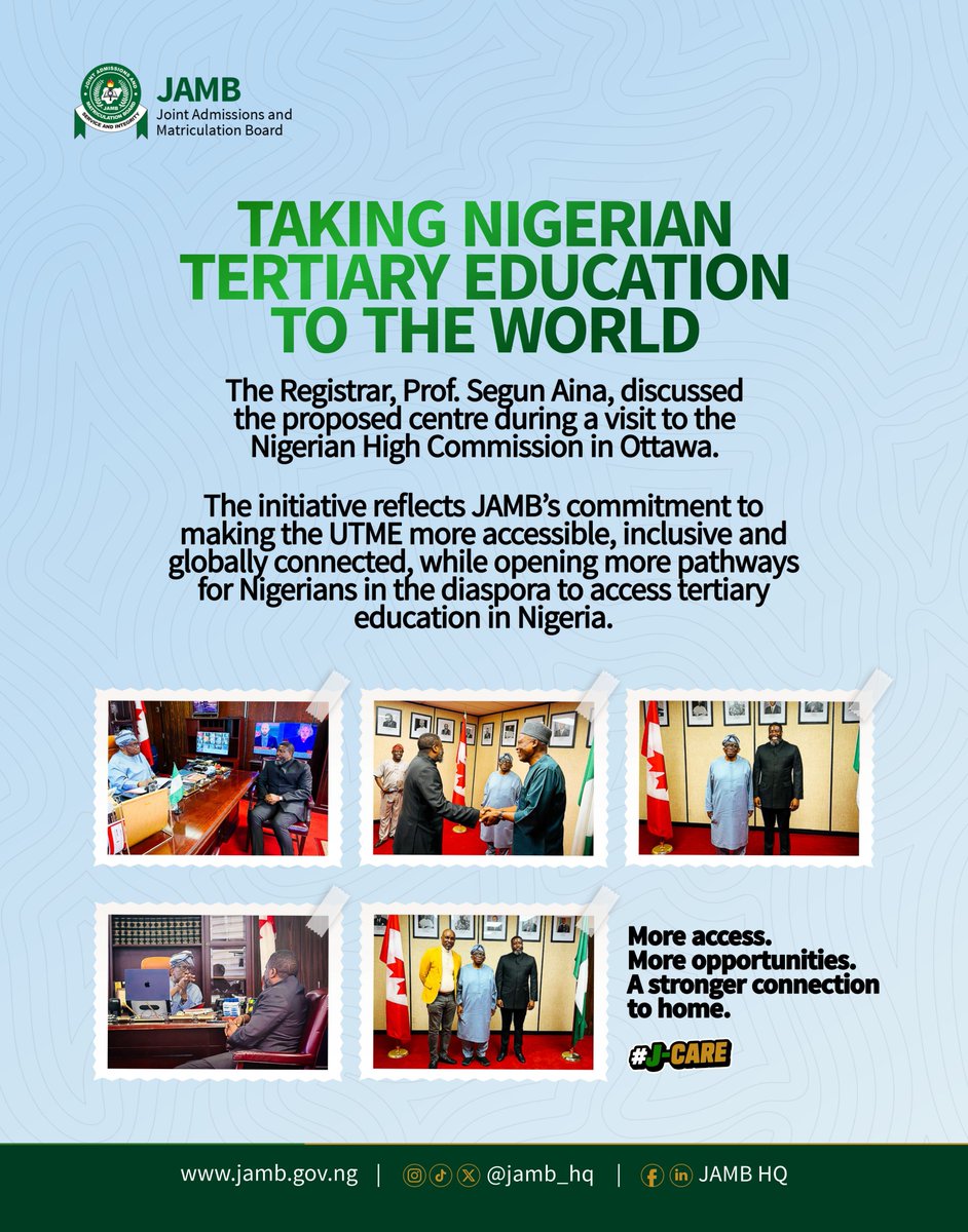 jamb_hq's tweet photo. For Nigerians in Canada, the UTME is coming closer to home. 🇳🇬🇨🇦

JAMB is working towards establishing a UTME centre in Ottawa, Canada, expected to commence operations in 2027.

The proposed centre will make it easier for eligible Nigerians in Canada and across North America to sit for the UTME without travelling to Nigeria solely for the examination.

It also represents a bigger opportunity to strengthen the connection between Nigerians in the diaspora and Nigerian tertiary education.

More access. Fewer barriers. Closer to home.

#JAMB #UTME2027 #NigeriaInCanada #JAMBUpdates #TheTrustWeHold #ThePeopleWeServe
