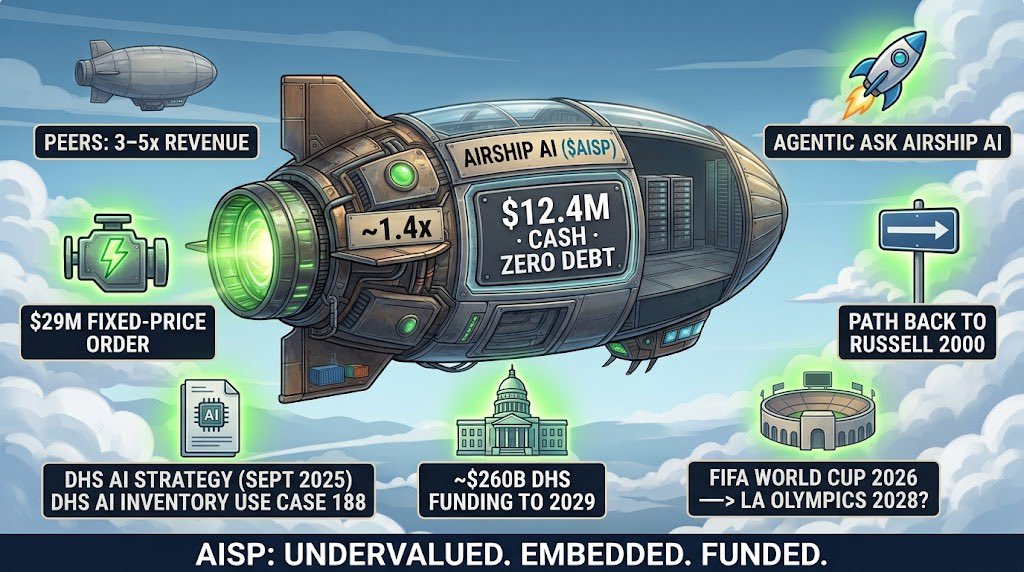 SocraticScribe's tweet photo. $AISP builds software that helps @DHSgov make sense of huge amounts of video and data, and they already use it. @Airship_AI has $12.4M saved, no debt & just landed a $29M order.

DHS has around $260B to spend through 2029, and big events like the 2026 World Cup and the 2028 LA Olympics show exactly why this kind of tech matters.
$AISP trades at about 1.4x sales. Comps trade at 3-5x.

I own shares. Not financial advice, do your own research.