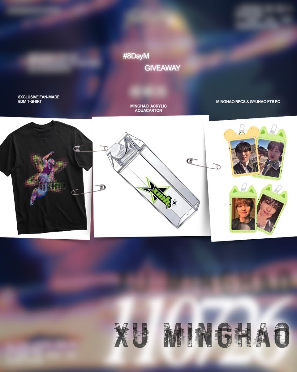 stargyust's tweet photo. #8DayM 🎇 GIVEAWAY!!!

1 winner of MINGHAO 8XCLUSIVE FAN-MADE 8DM SHIRT
1 winner of XMH acrylic aquacarton
1 winner of MINGHAO random pc set
1 winner of GYUHAO FTS set

MECHANICS:
⭐️ Must follow @lovekuiba and repost this
➡️ https://t.co/VKA6ROuGVv

⭐️ Like and Repost the post below
⭐️ Reply our hashtag “#8DayM” and tag 2 moots

— will draw this once we reach our goal 💚🌟
