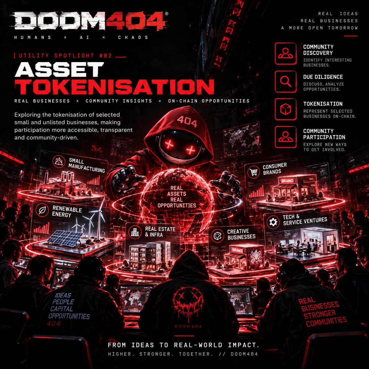 DOOM404Official's tweet photo. Memecoins tokenised attention.
What happens when communities start tokenising real businesses?
DOOM404 is exploring Asset Tokenisation — bringing selected small & unlisted businesses on-chain.
Discover → Evaluate → Tokenise.
But here's the real question:
What should the community tokenise first? 🔴
#DOOM404 #RWA #Tokenization #Web3