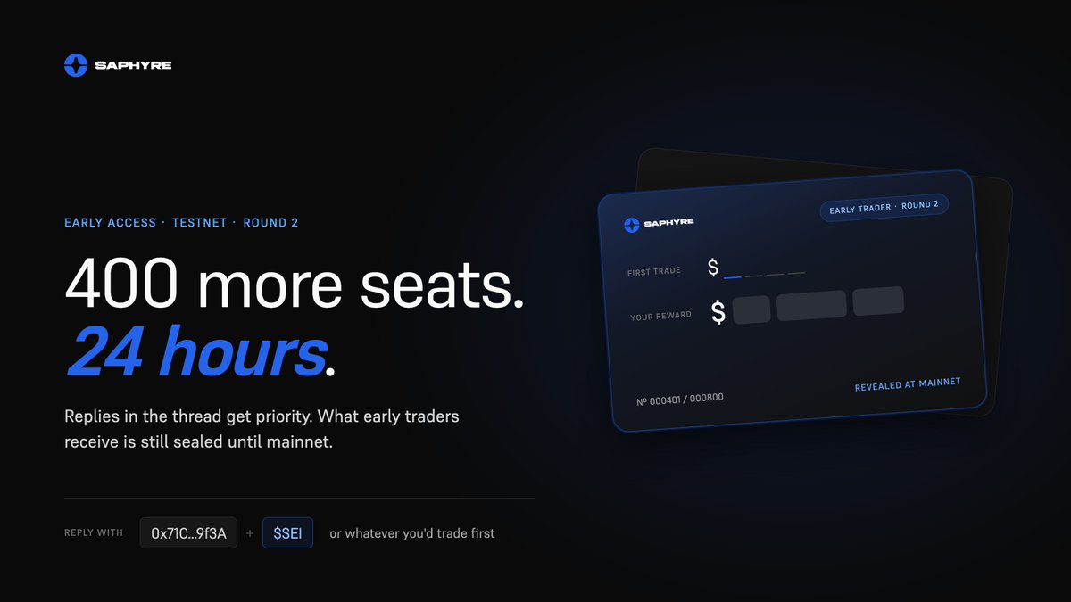 saphyre's tweet photo. 400 more seats. 24 hours.
Drop your address + what you'd trade first ($SEI, $BTC…) 👇 https://t.co/TxWVQTKzAf