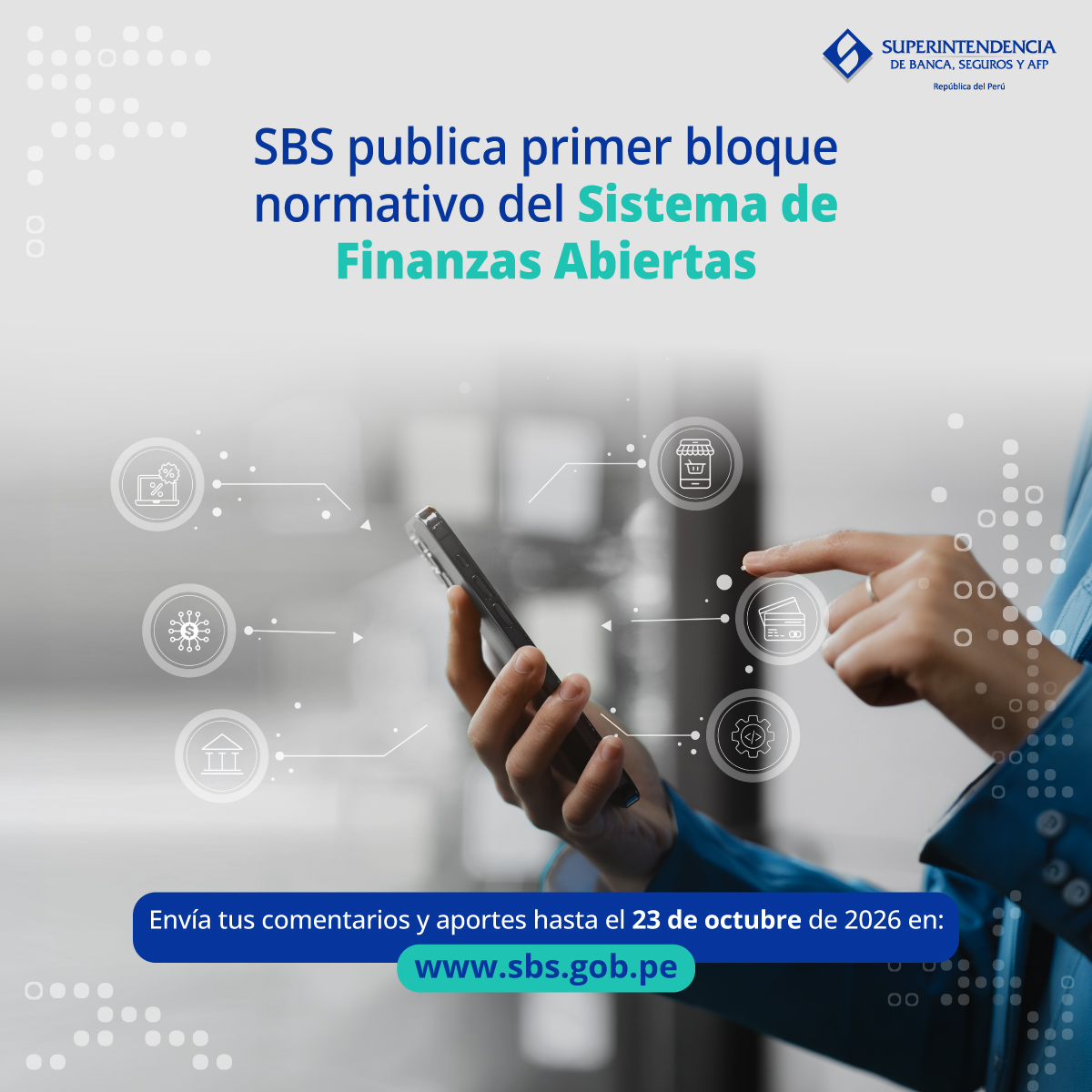 SBSPERU's tweet photo. #NoticiaSBS | La #SBSPerú publicó para comentarios los Títulos I al IV del Reglamento General del Sistema de Finanzas Abiertas (SFA), con el objetivo de recoger aportes de los distintos actores del mercado y del público en general.

La propuesta establece las bases para la implementación progresiva del SFA, definiendo aspectos como el alcance del sistema, los roles y responsabilidades de sus participantes, los datos comprendidos, el proceso de inscripción y habilitación técnica, así como consideraciones para la experiencia del usuario y la gestión de su consentimiento.

El proyecto estará disponible en el portal institucional para comentarios y aportes del público en general hasta el 23 de octubre.

📰 Lee la noticia completa aquí ➡️ https://t.co/e2Hqd4374z