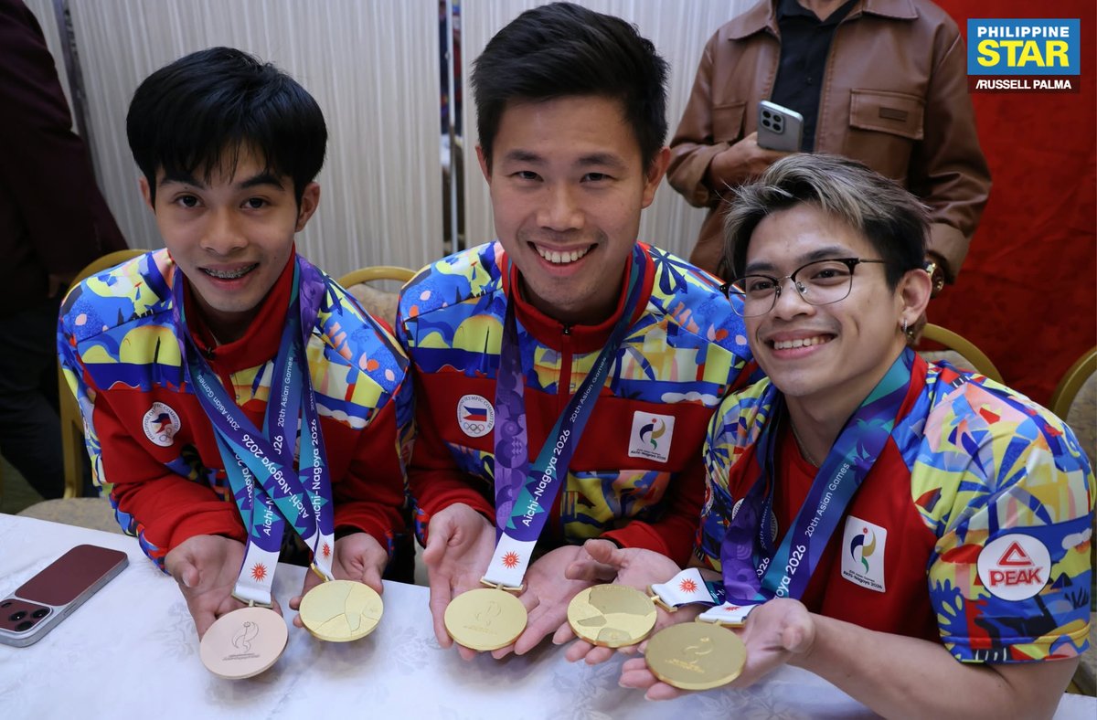PhilippineStar's tweet photo. THE GOLDEN BOYS OF TEAM PH 🥇🇵🇭

Carlos Yulo, EJ Obiena, and Jeus Yape are all smiles as they pose with their gold medals from the 2026 Asian Games during the Heroes’ Welcome dinner for Team Philippines on Monday. 

Yulo delivered the country’s first two gold medals in the men’s floor exercise and vault events, followed by Obiena’s victory in the men’s pole vault and Yape’s triumph in mixed individual virtual taekwondo. (Photos by Russell Palma/The Philippine STAR)