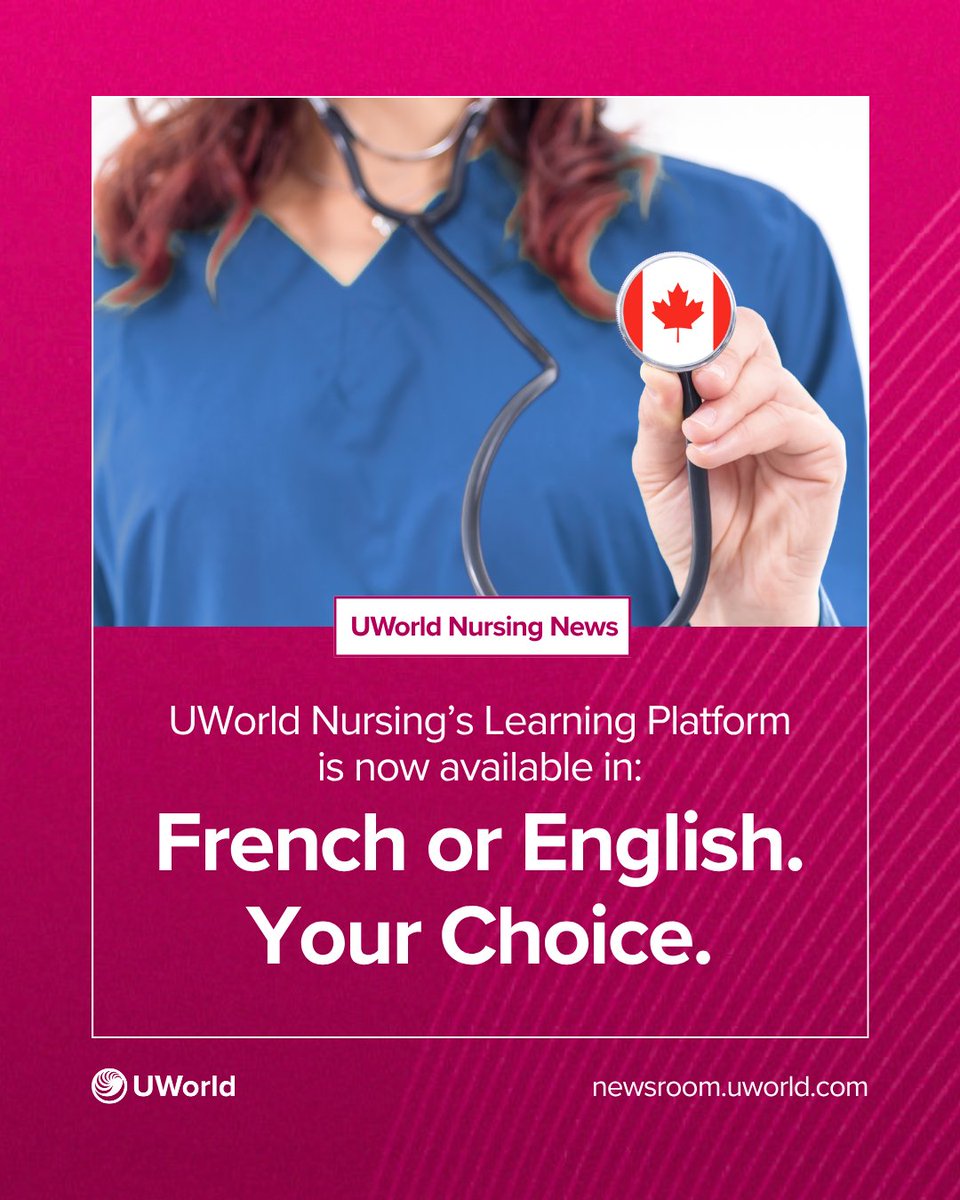 UWorld's tweet photo. Big news for Canadian nursing programs. Our Nursing Learning Platform is now available in French or English, giving students more choice in how they learn and prepare for the NCLEX-RN® while faculty manage language access by cohort.

🇨🇦 Learn more: https://t.co/0Kg7Aar03B https://t.co/GqaXrdmXuL