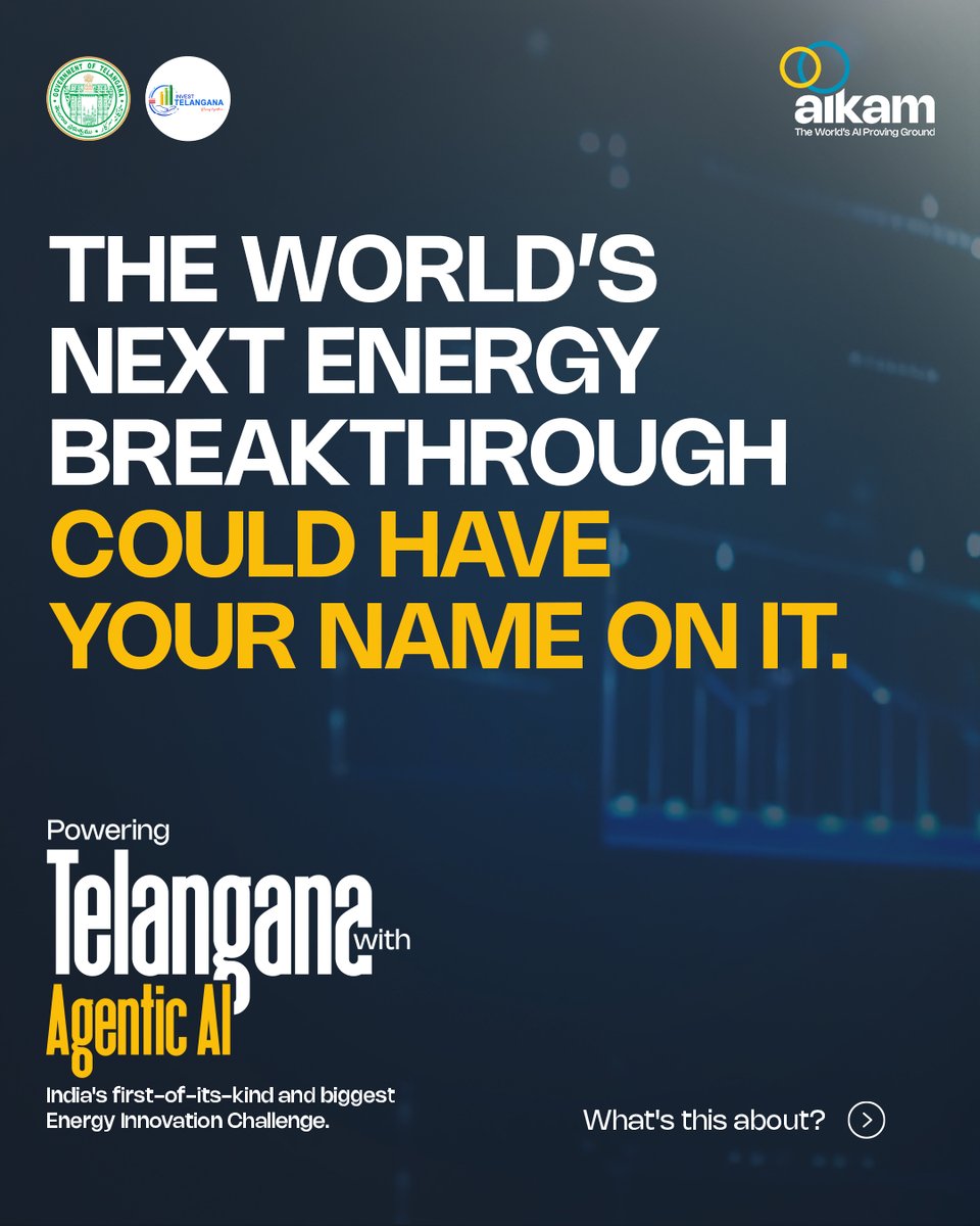 Aikam_Official's tweet photo. EnergyTech needs solutions today. ⚡
Build Agentic AI solutions across Grid, Revenue &amp; Governance and take them from challenge to pilot, Telangana to the world.

₹36L prize pool + paid pilots + incubation.
Build with Aikam.

Register: https://t.co/NIqZVj9vi6
#Aikam #EnergyTech https://t.co/onLWVkSfPU
