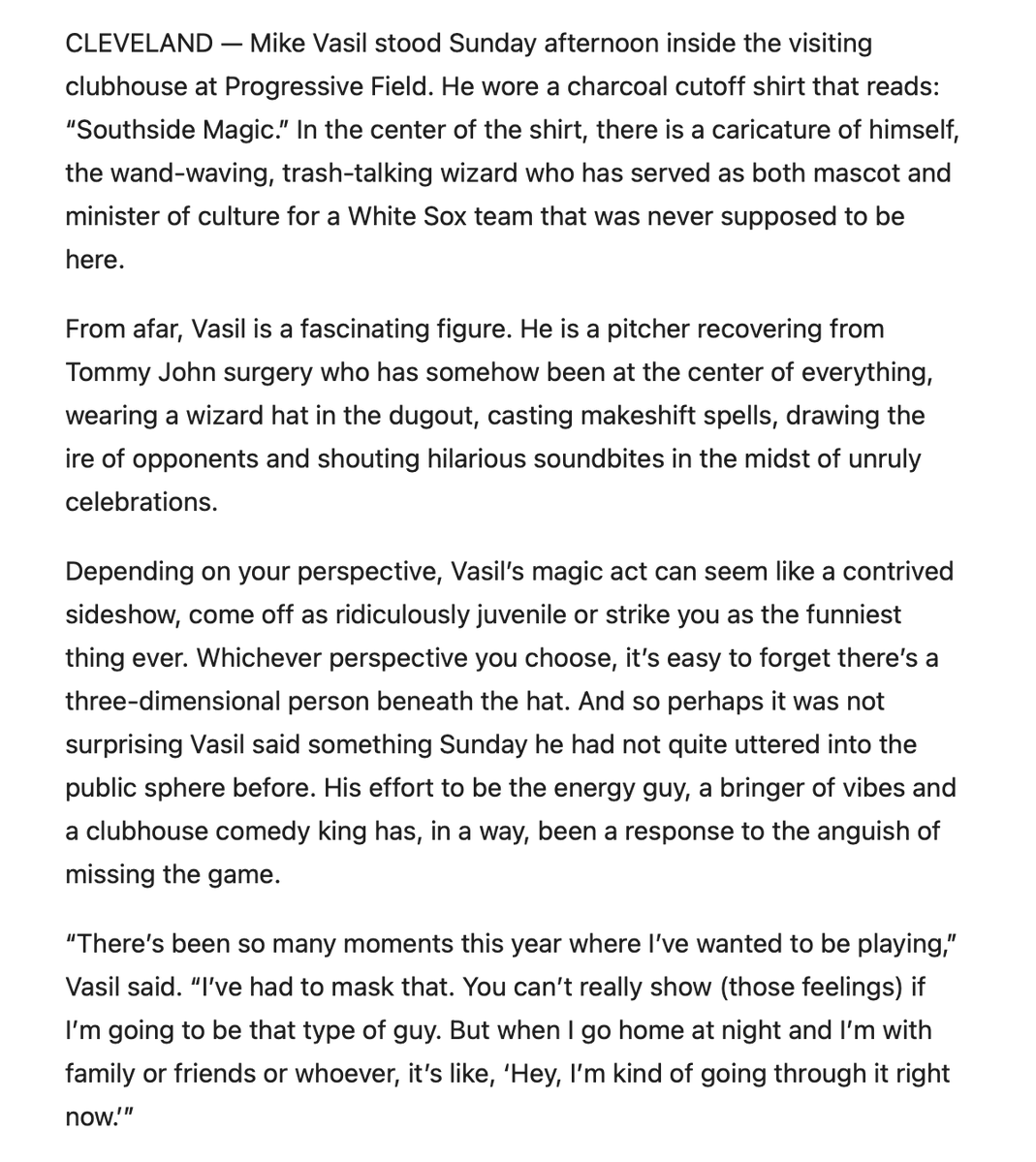 CodyStavenhagen's tweet photo. Mike Vasil has waved a wand and created a persona central to this White Sox season. He's a bringer of vibes, the ultimate energy guy. It's also a way of masking the pain of losing a season. 

https://t.co/ehHweq69mb https://t.co/W8qIGeMWg8