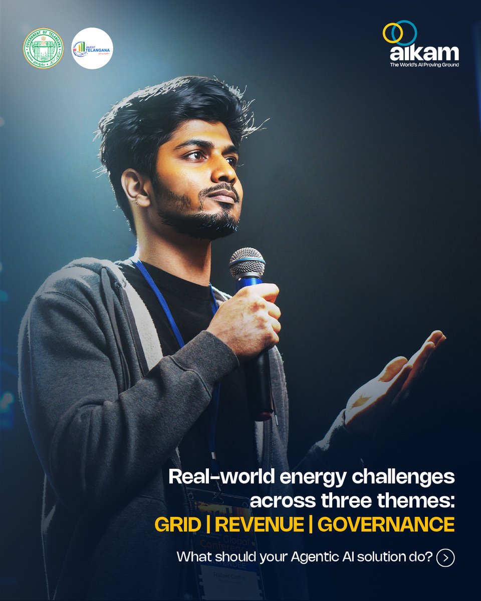 Aikam_Official's tweet photo. EnergyTech needs solutions today. ⚡
Build Agentic AI solutions across Grid, Revenue &amp; Governance and take them from challenge to pilot, Telangana to the world.

₹36L prize pool + paid pilots + incubation.
Build with Aikam.

Register: https://t.co/NIqZVj9vi6
#Aikam #EnergyTech https://t.co/onLWVkSfPU